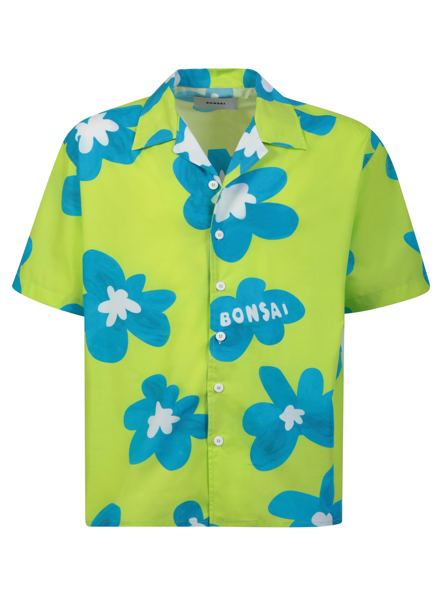 Shop Bonsai Floral Print Lime Green/blue Bowling Shirt