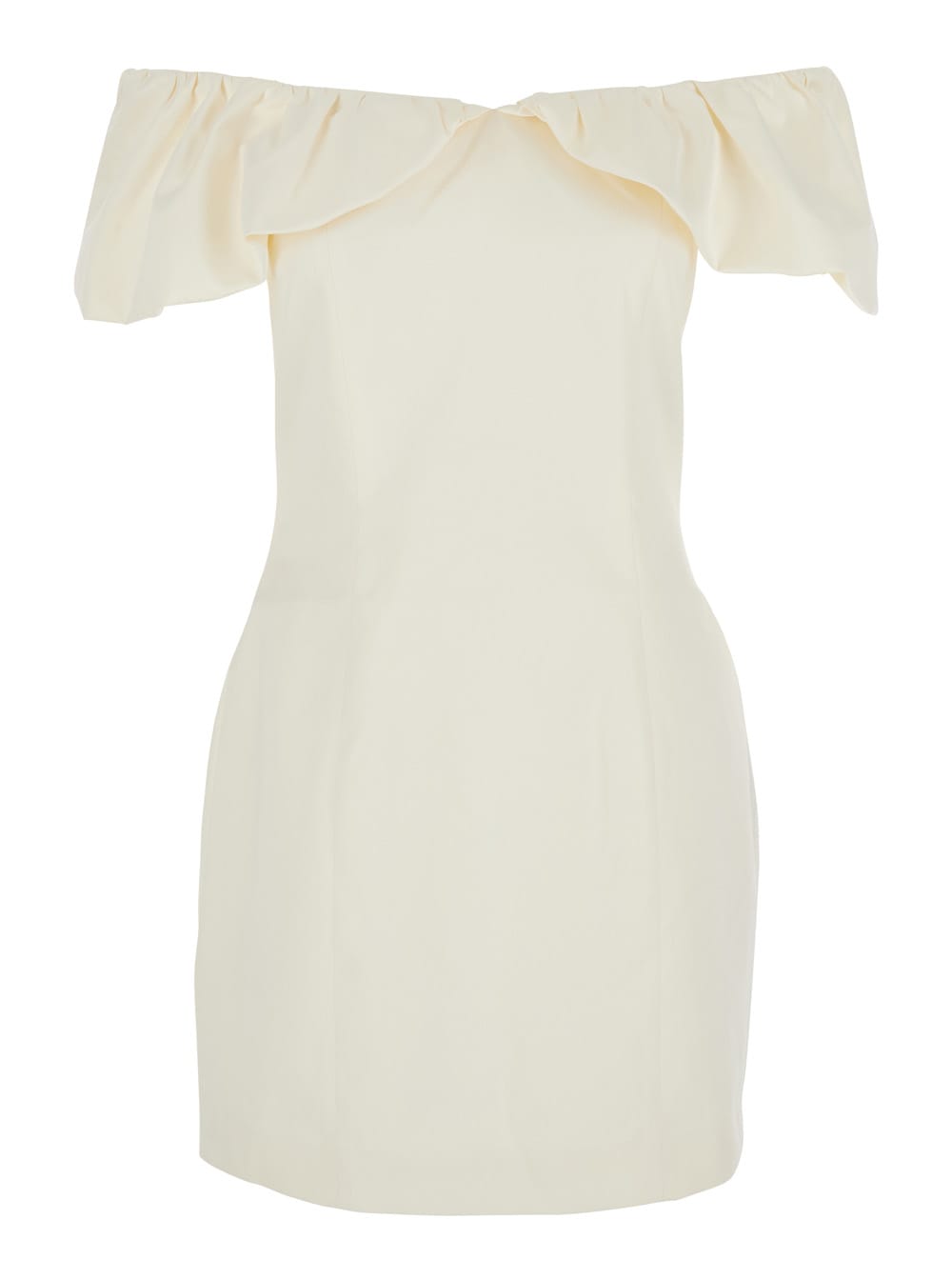 White Off-shoulder Ruched Mini Dress In Tech Fabric Woman