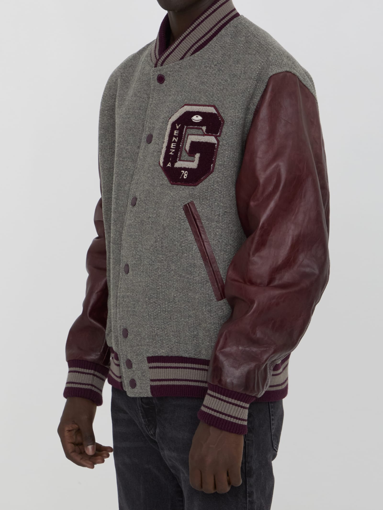 Shop Golden Goose Wool Bomber Jacket With Leather Sleeves In Melange Grey/ Vineyard Wine