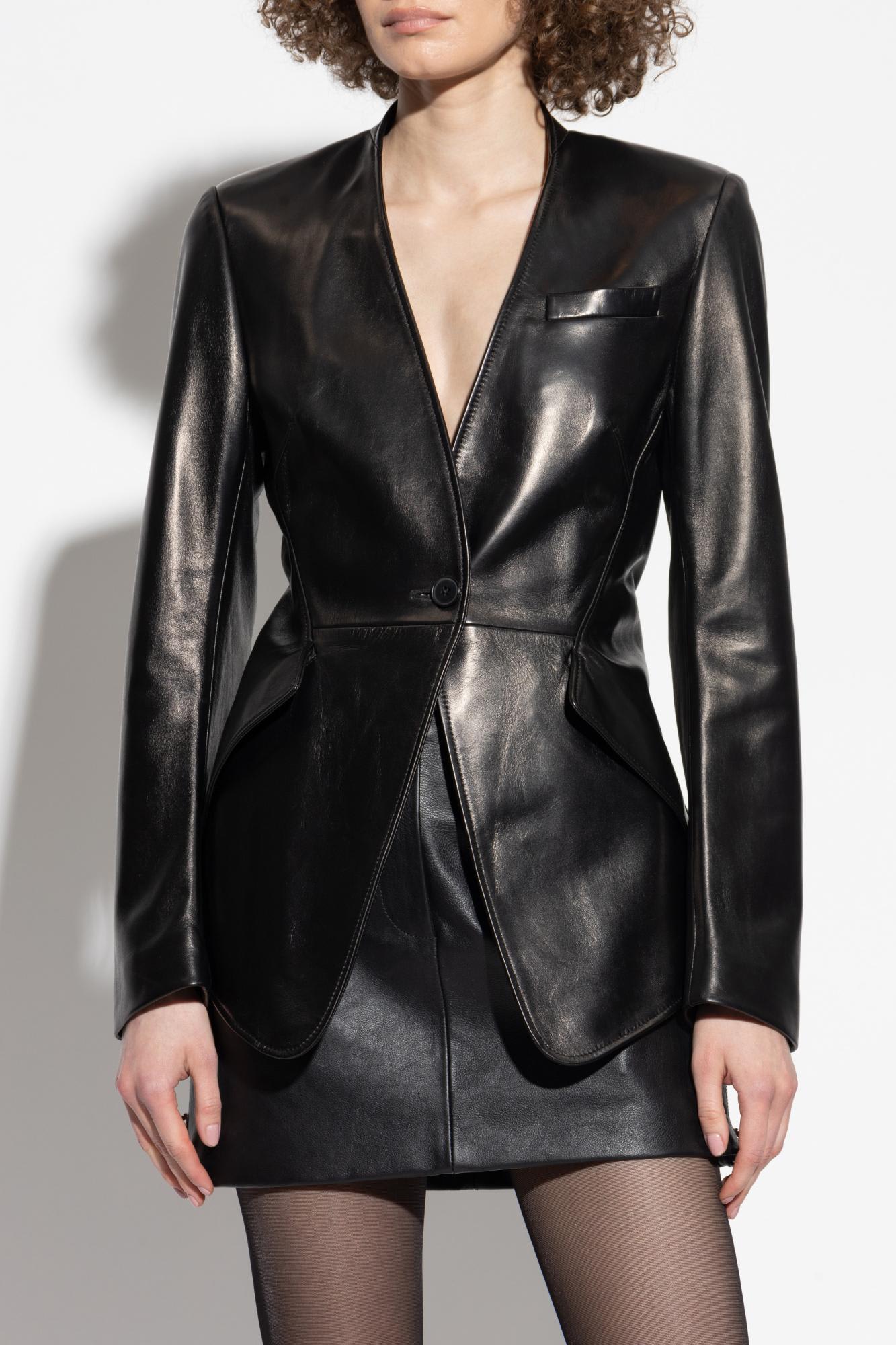 Alexander Mcqueen Single-breasted Calfskin Leather Jacket In Black
