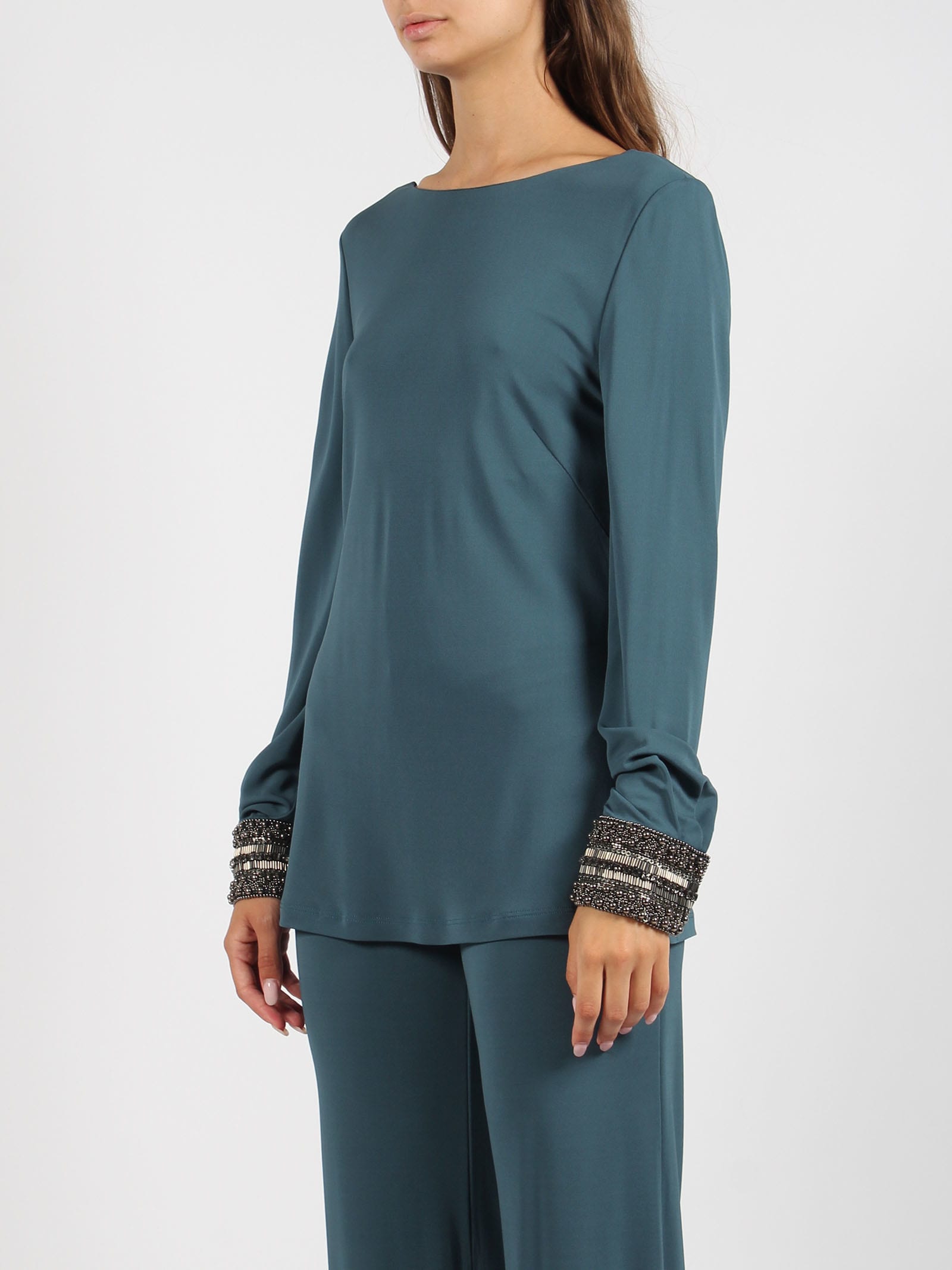 Shop Alberta Ferretti Embroidered Cuffs Jersey Top In Blue