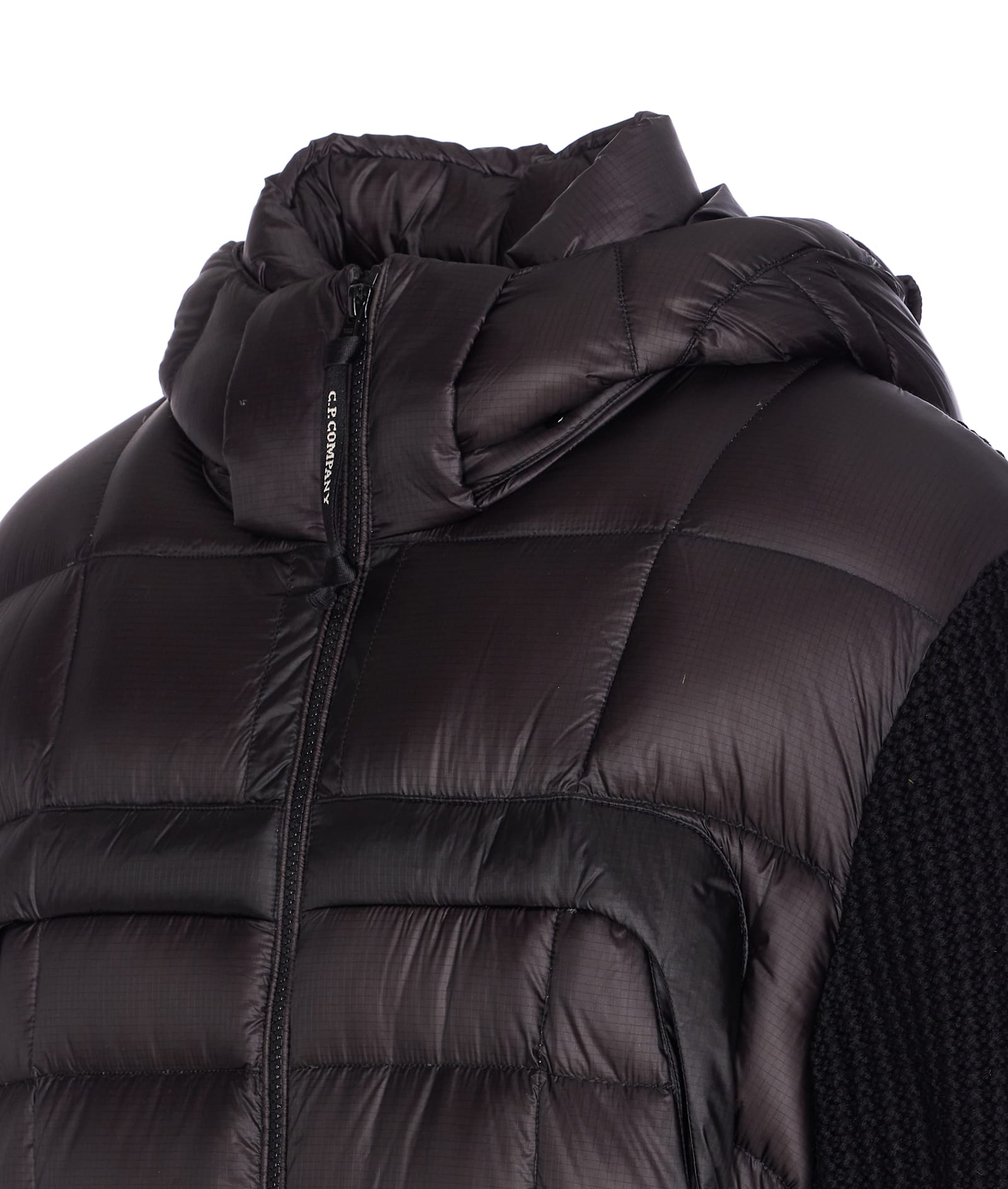 C.p. Company Black Wool Knit Jacket With Padded Hood In Black