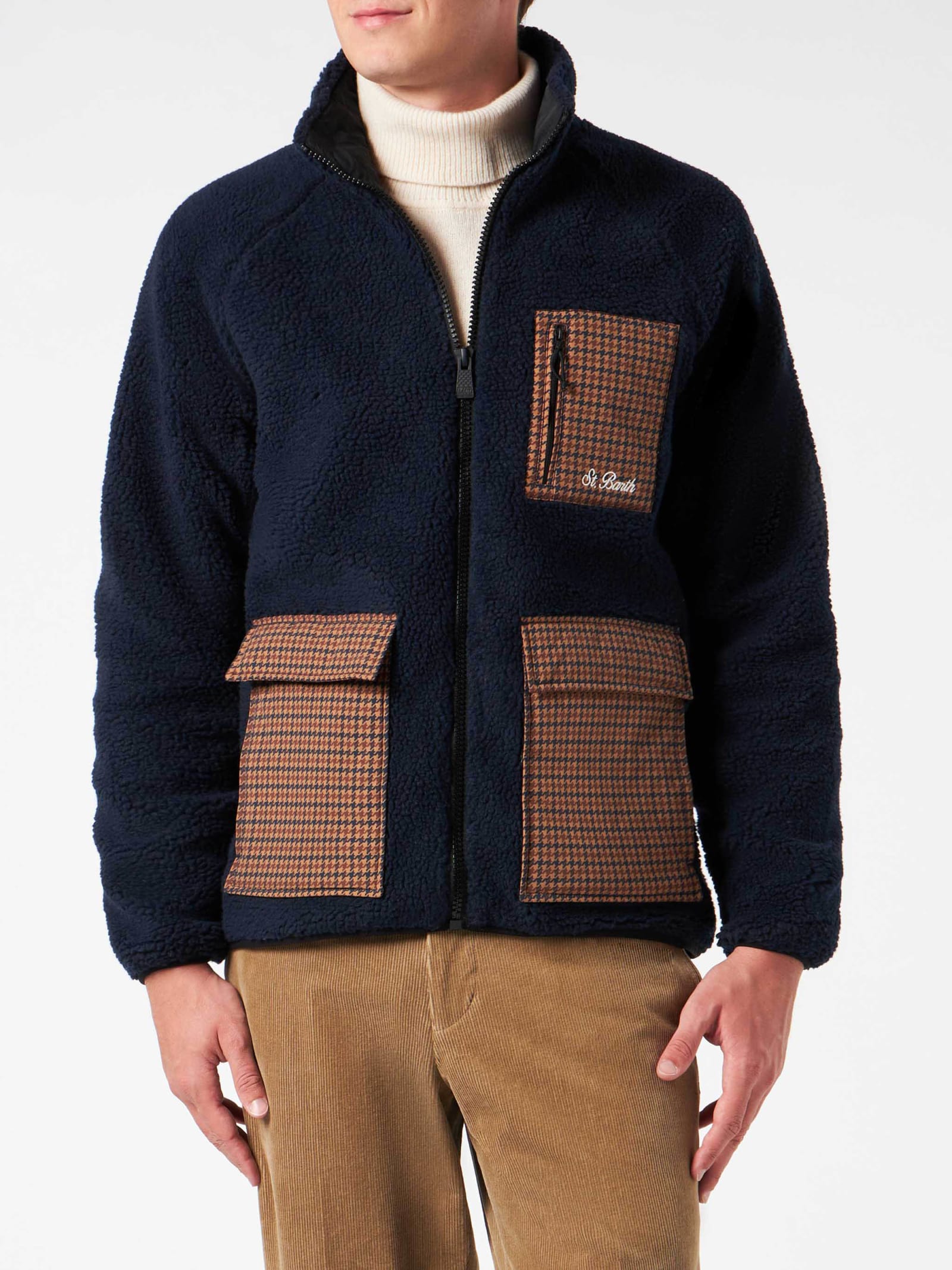 Shop Mc2 Saint Barth Man Blue Sherpa Jacket With Check Patch Pockets