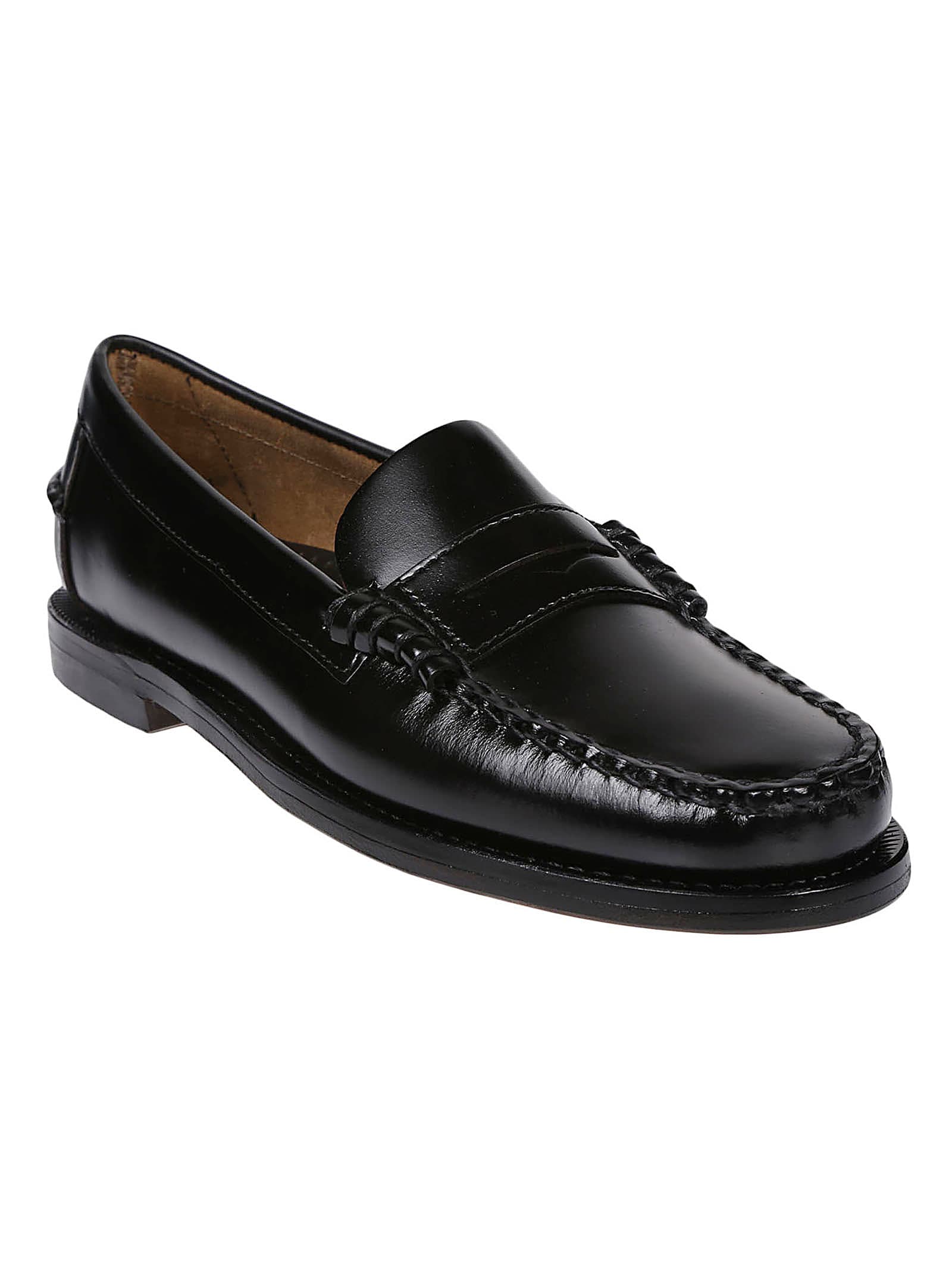 Sebago Round Toe Leather Loafers With Penny Strap In Black