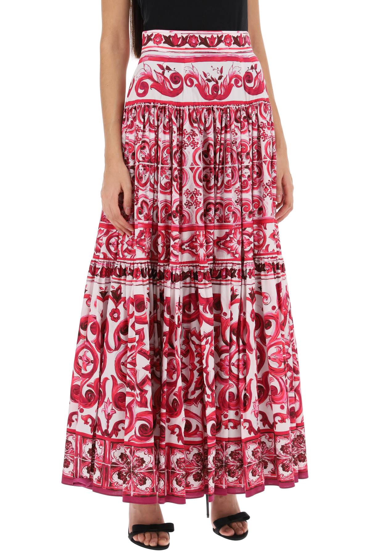 Dolce & Gabbana Maiolica Tiered Printed Cotton-poplin Maxi Skirt In Tris Maioliche Fuxia (white)