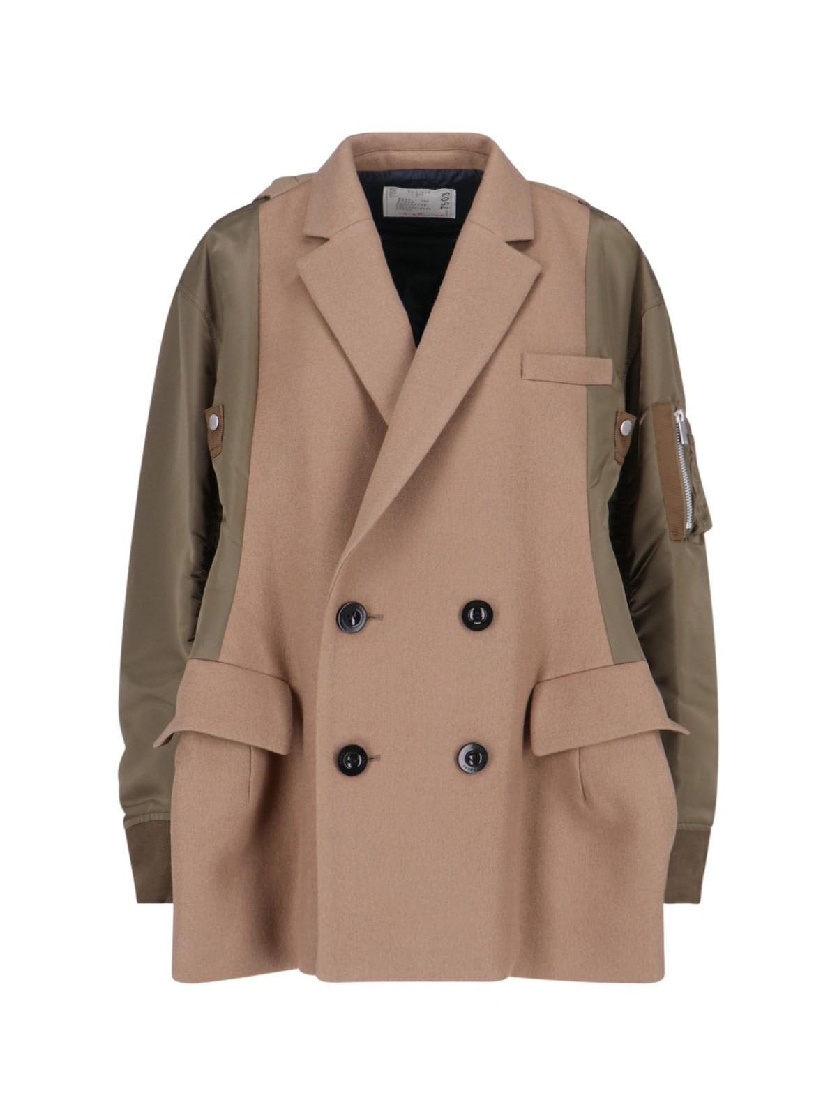 Shop Sacai Hybrid Double-breasted Blazer In 663 Beige X Khaki