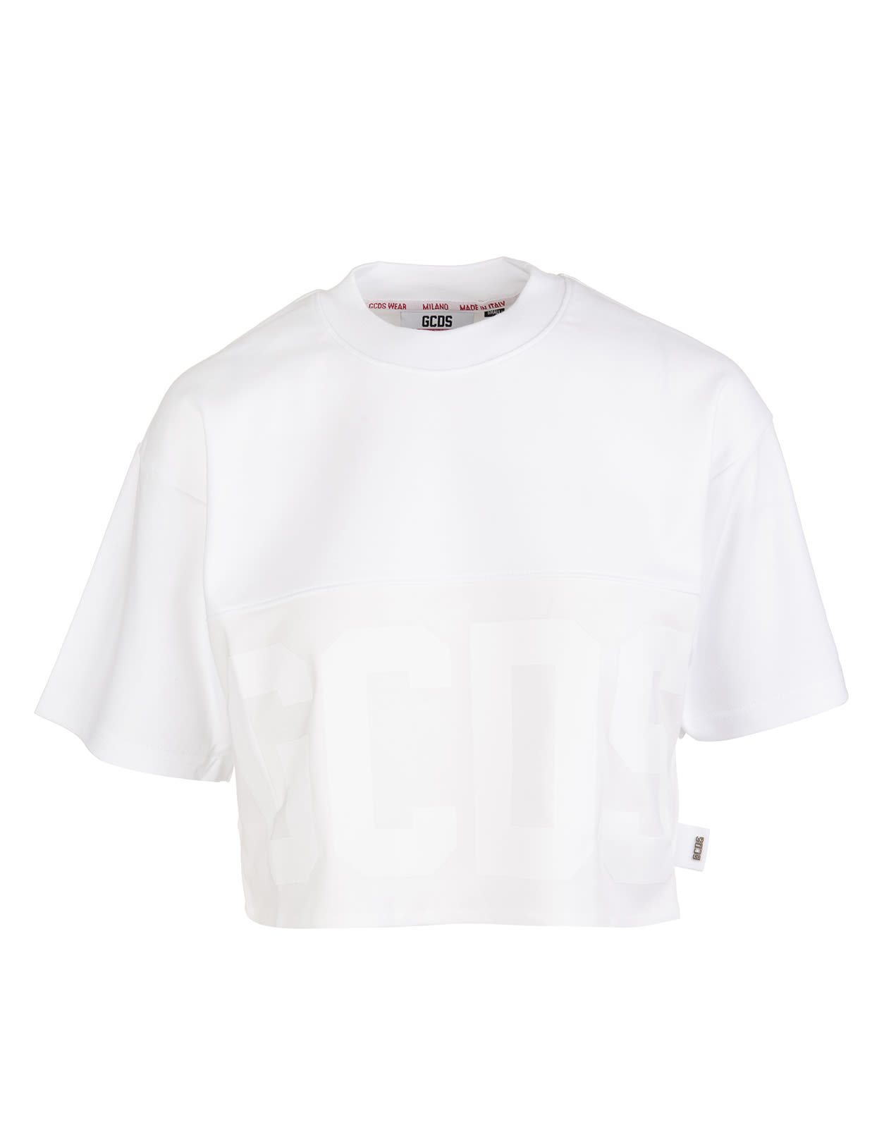 GCDS Woman White Crop T-shirt With Tone On Tone Logo Band
