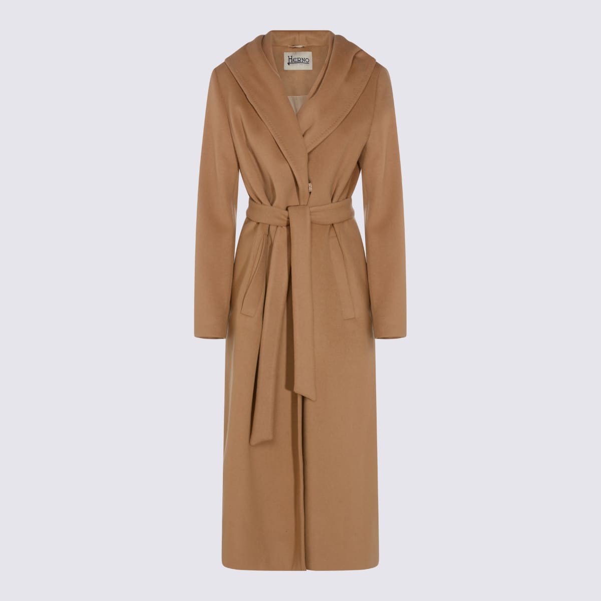 Herno Long Hooded Coat With Belt And Pockets In Brown