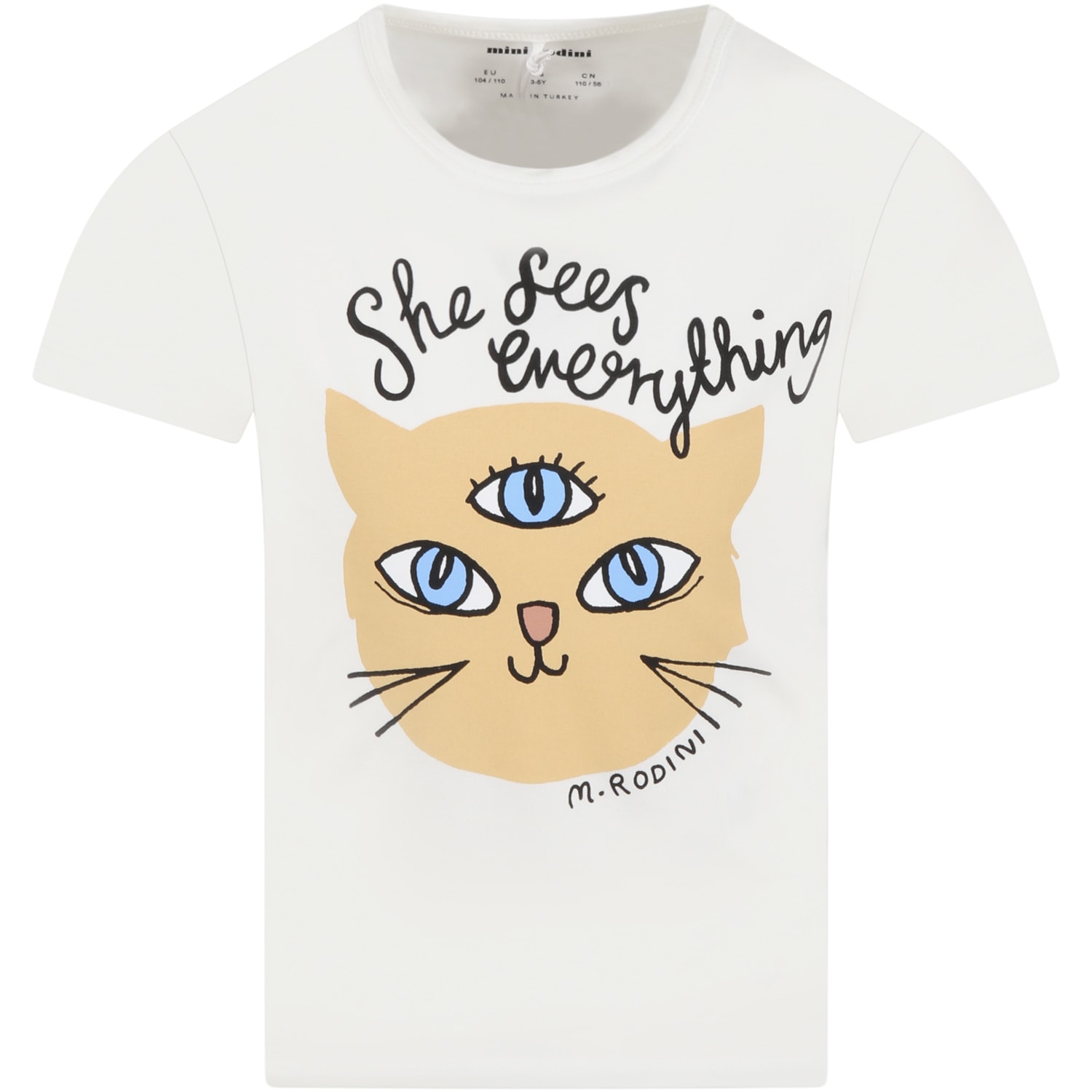 Mini Rodini White T-shirt For Girl With Cat And Logo