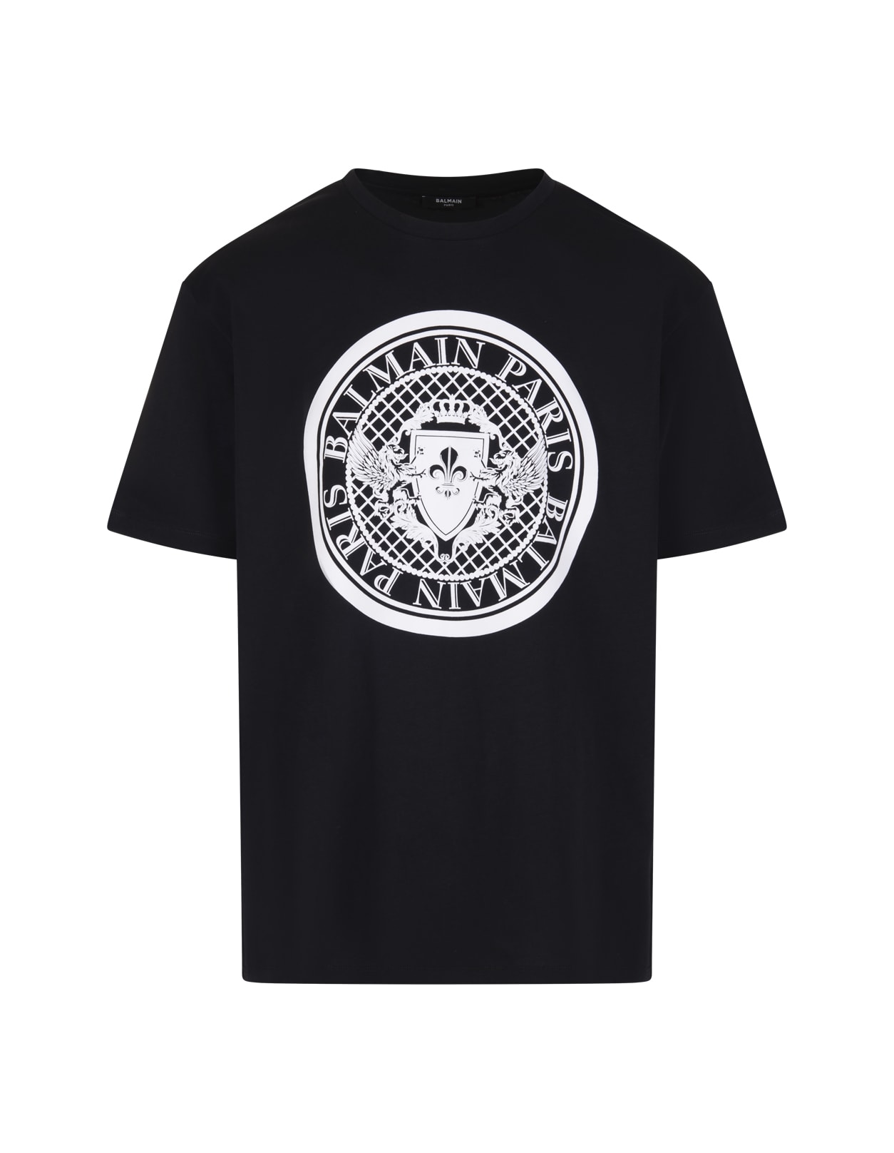 Balmain Man Black T-shirt With White Flocked Logo