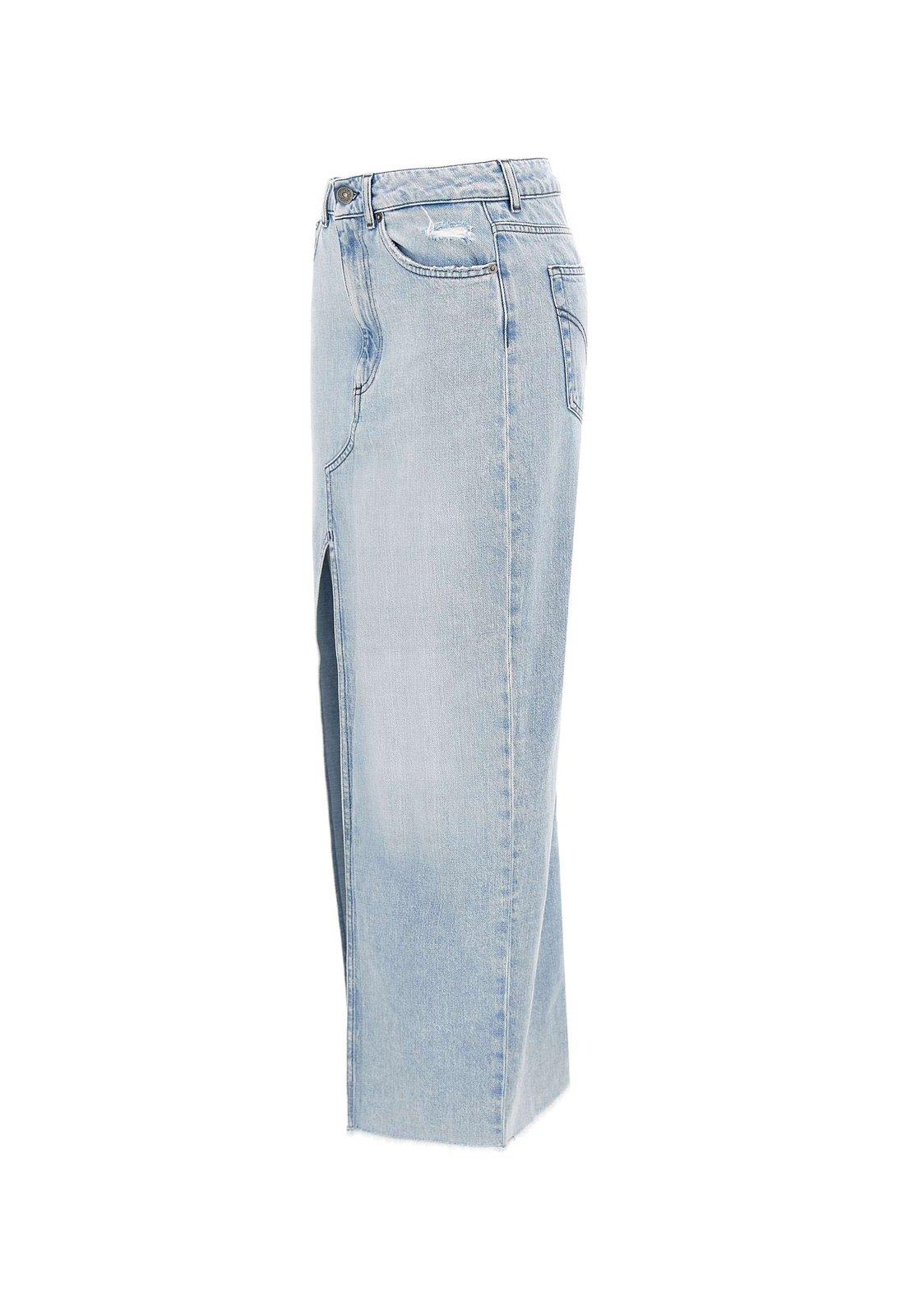 Shop Dondup Distressed Asymmetric Hem Midi Denim Skirt In Blu