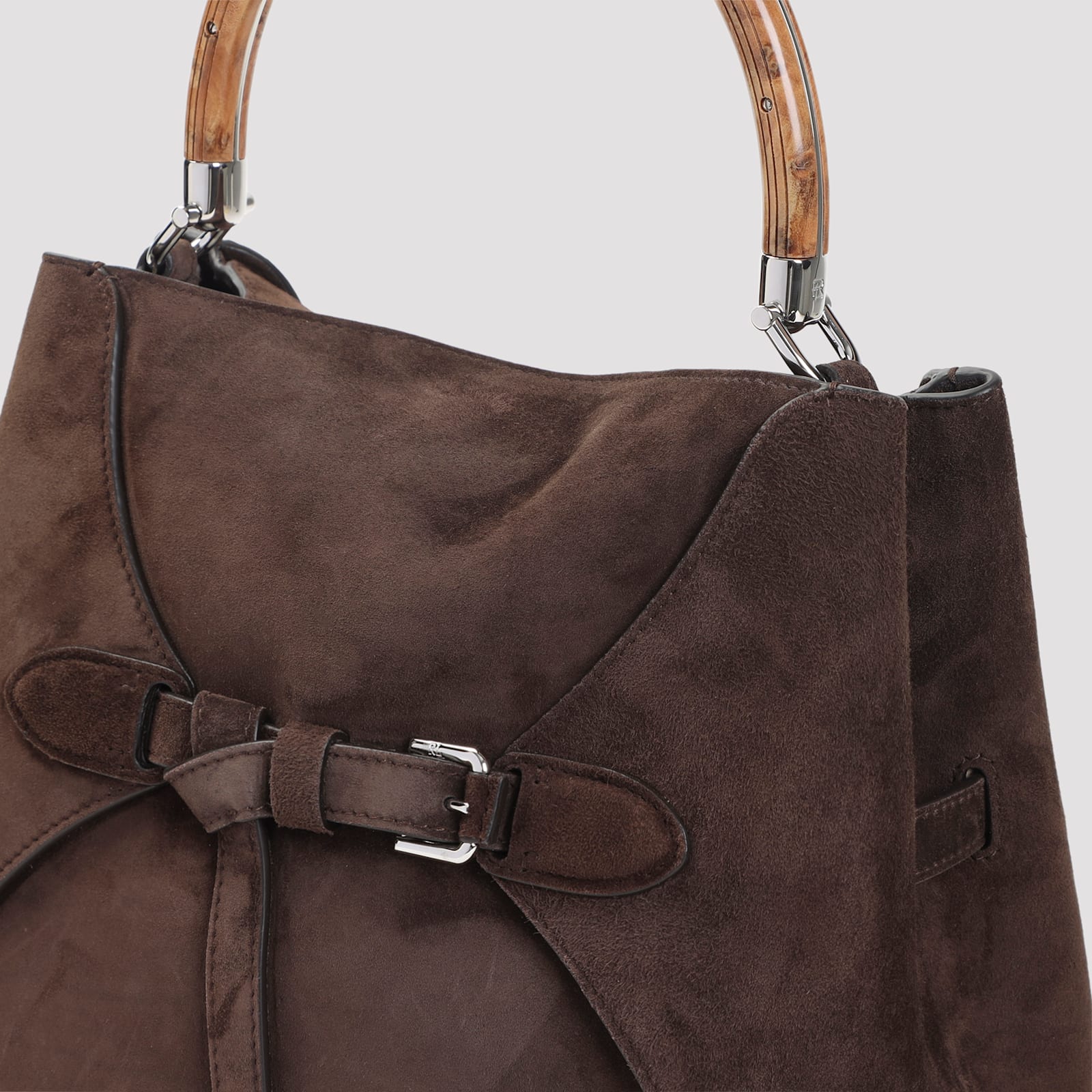 Ralph Lauren Structured Suede Bucket Bag With Bamboo Handle In Brown