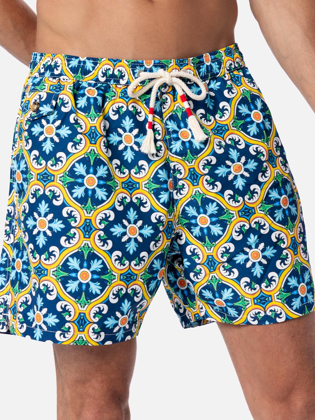Mc2 Saint Barth Man Lightweight Fabric Swim-shorts Lighting 70 With Majolica Print In Blue