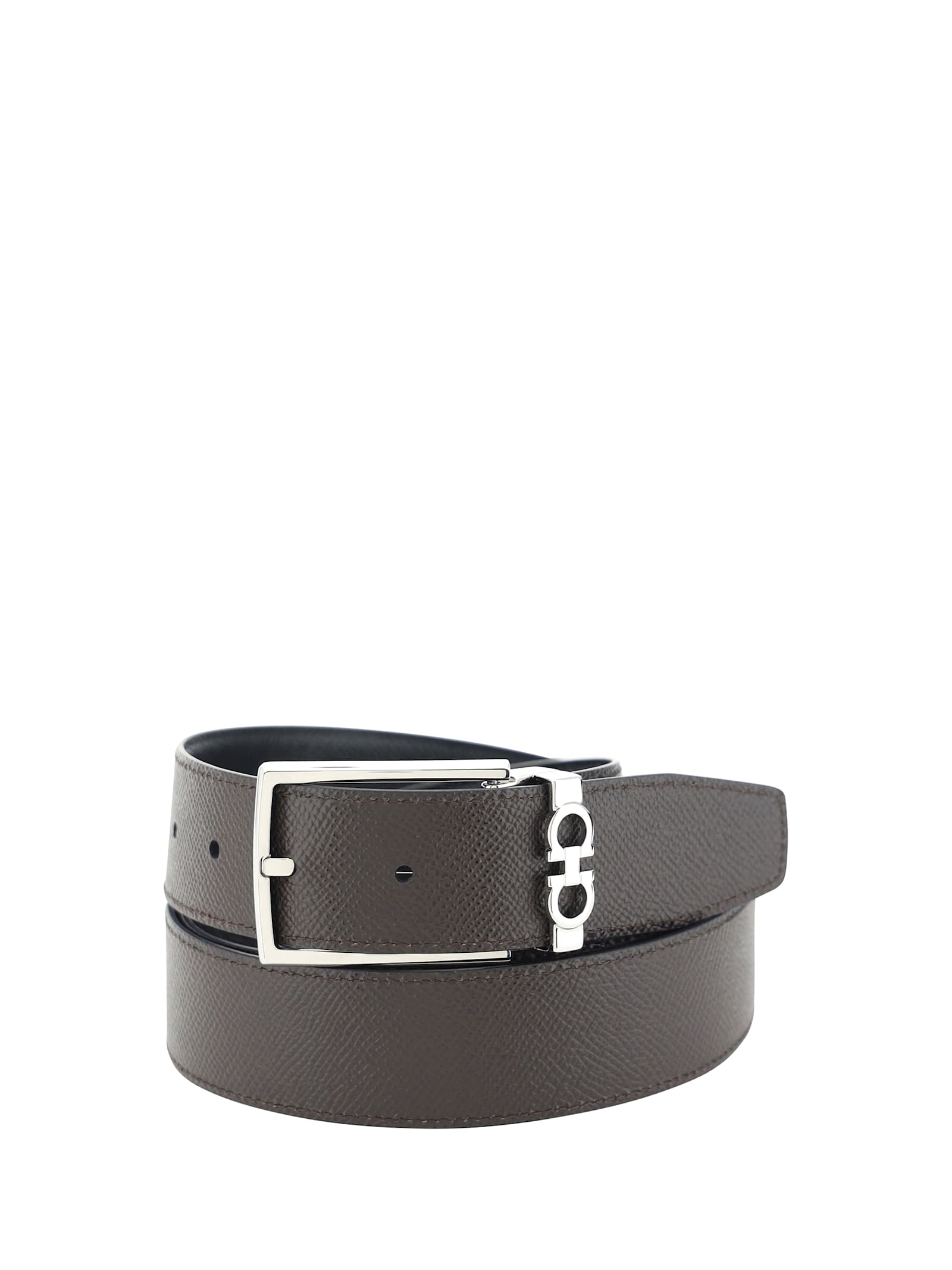 Ferragamo Black Reversible Belt With Gancini Buckle Belt In Grained Leather Man In Black