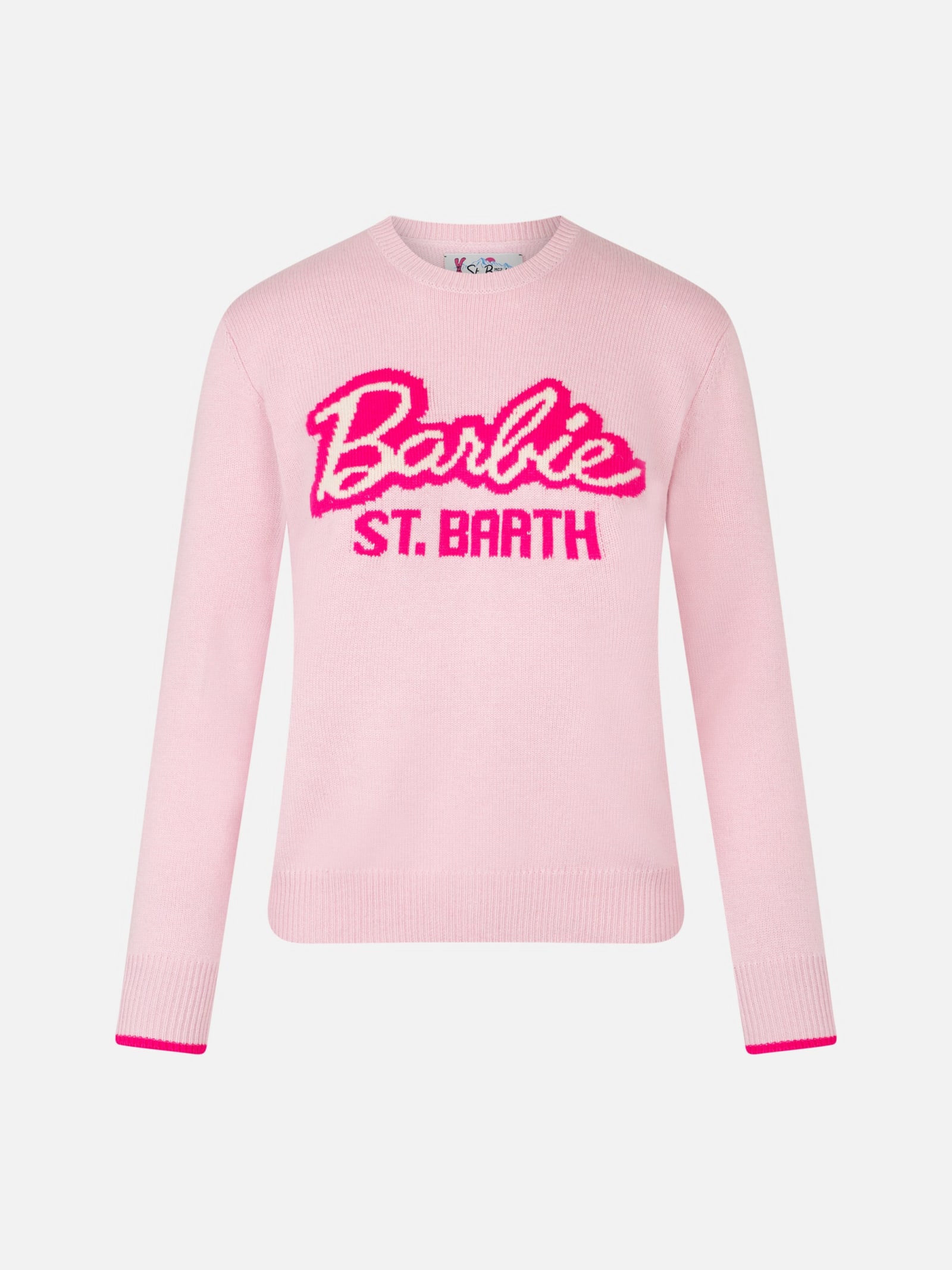 Shop Mc2 Saint Barth Woman Crewneck Pink Sweater With Barbie Print Barbie Special Edition