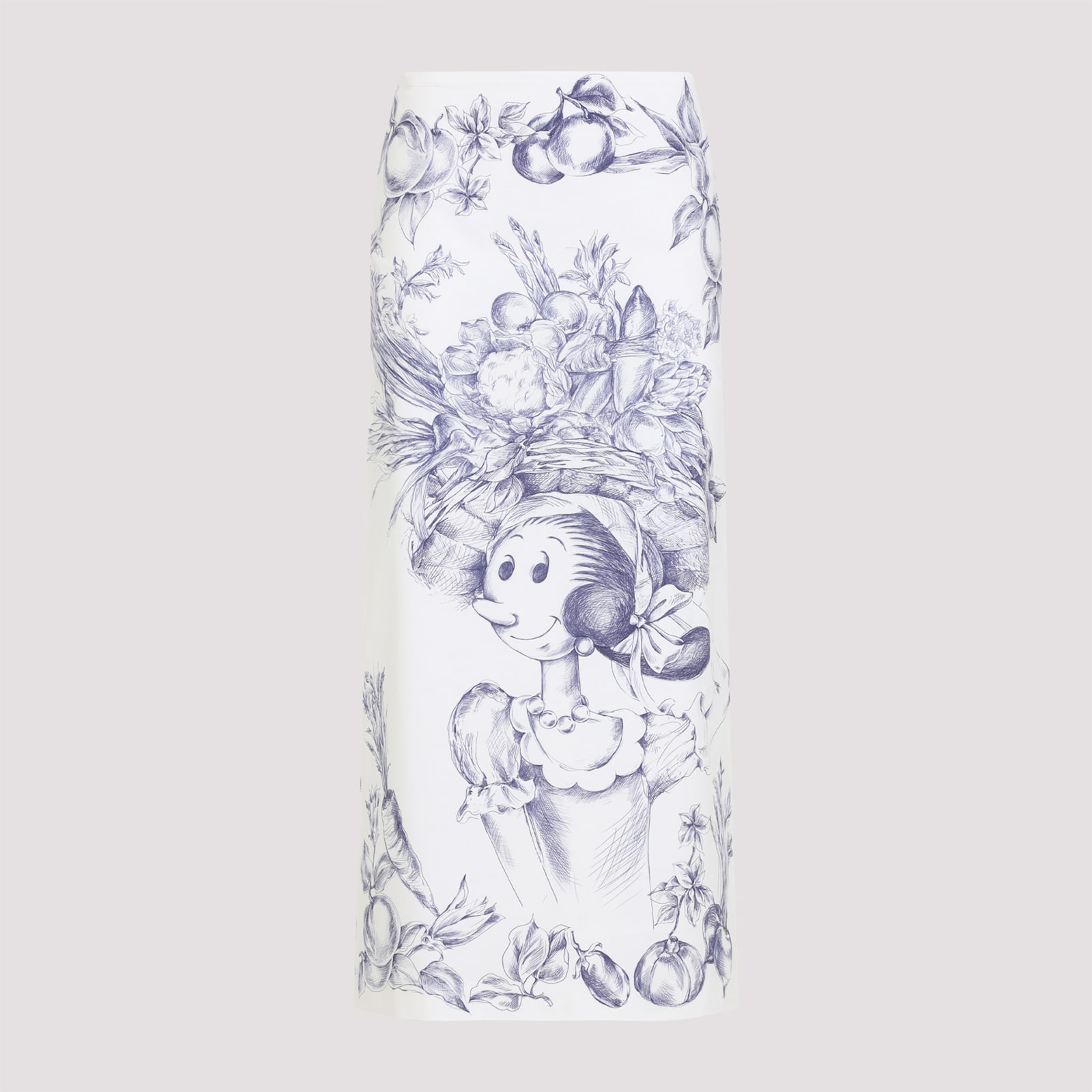 Moschino Maxi Skirt With Whimsical Floral Character Illustration In Fantasia Bianco