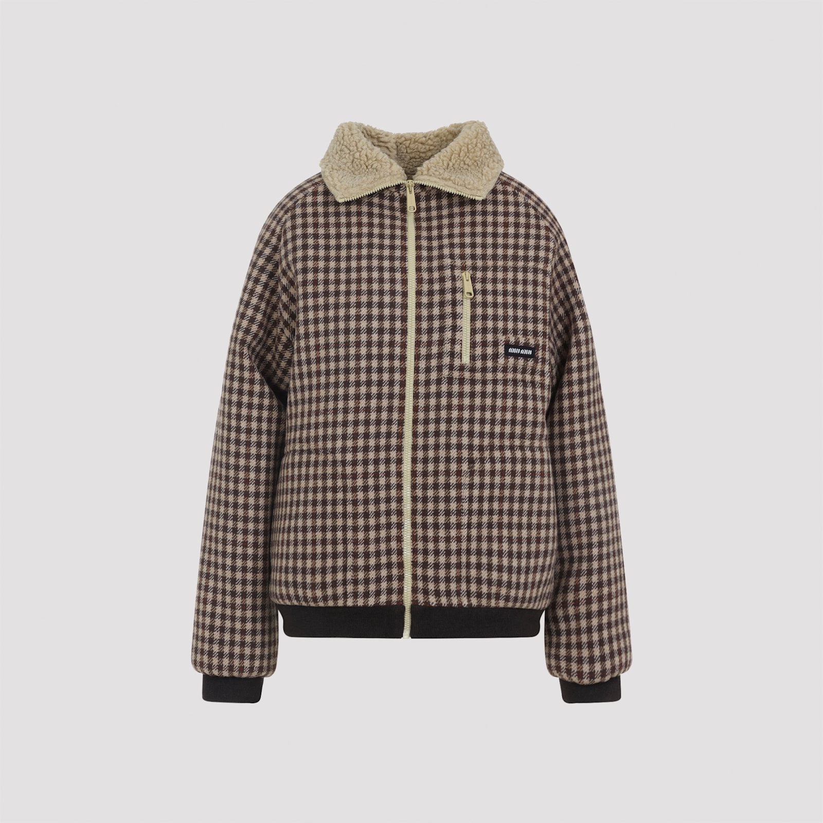 Miu Miu Checkered Long Sleeve Jacket With Shearling Collar In Blue