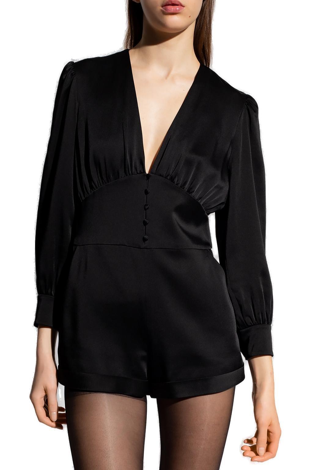 Shop Saint Laurent Long Sleeved V-neck Jumpsuit In Black