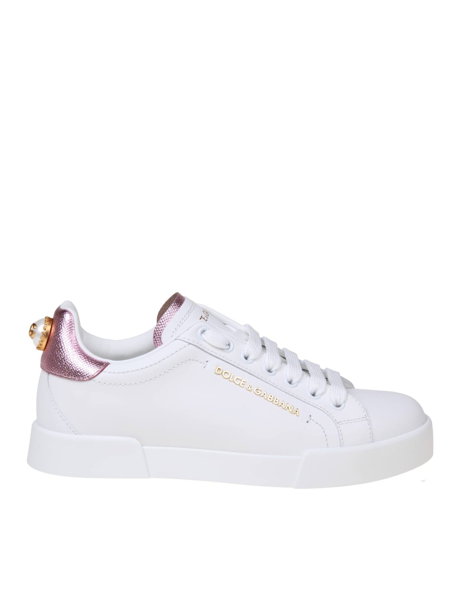 Shop Dolce & Gabbana Portofino Sneakers In White Leather With Logo Pearl In White/pink