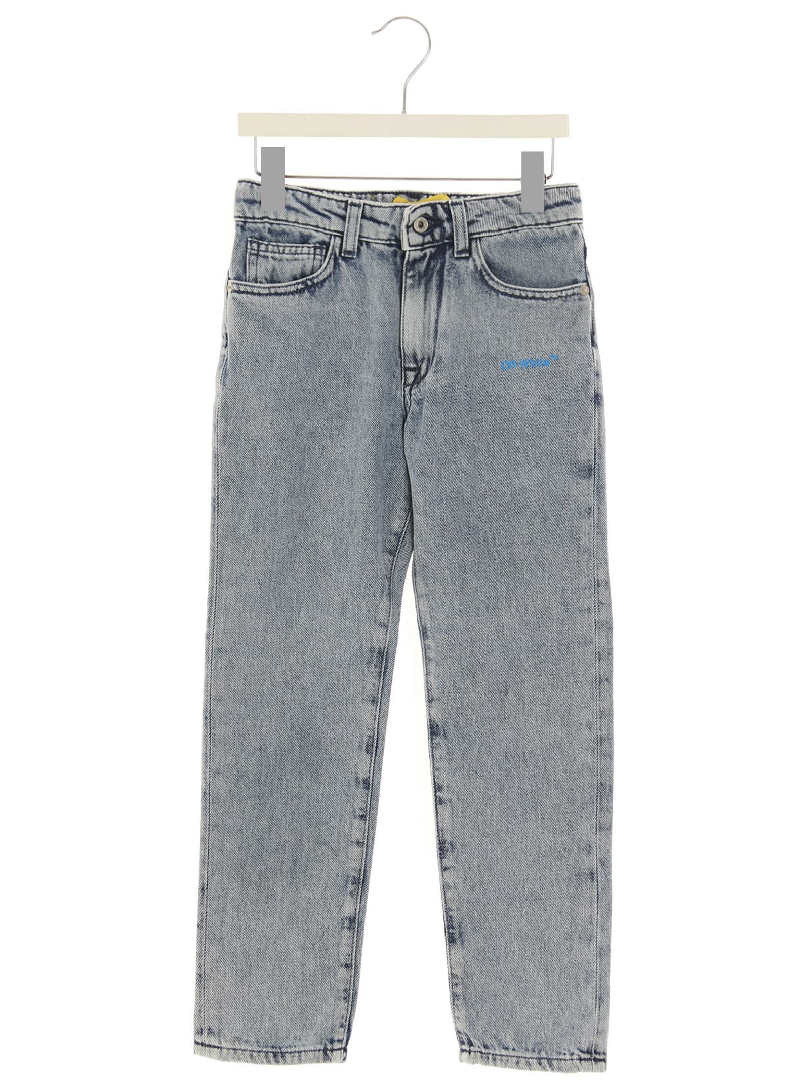 Off-white Boy's Helvetica Logo-print Straight Jeans In Light Blue