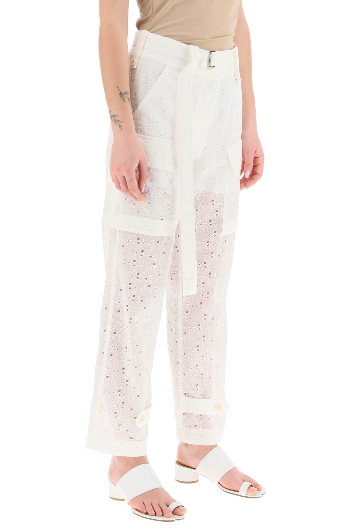 Shop Sacai Monogram Lace Cargo Pants In Off White (white)