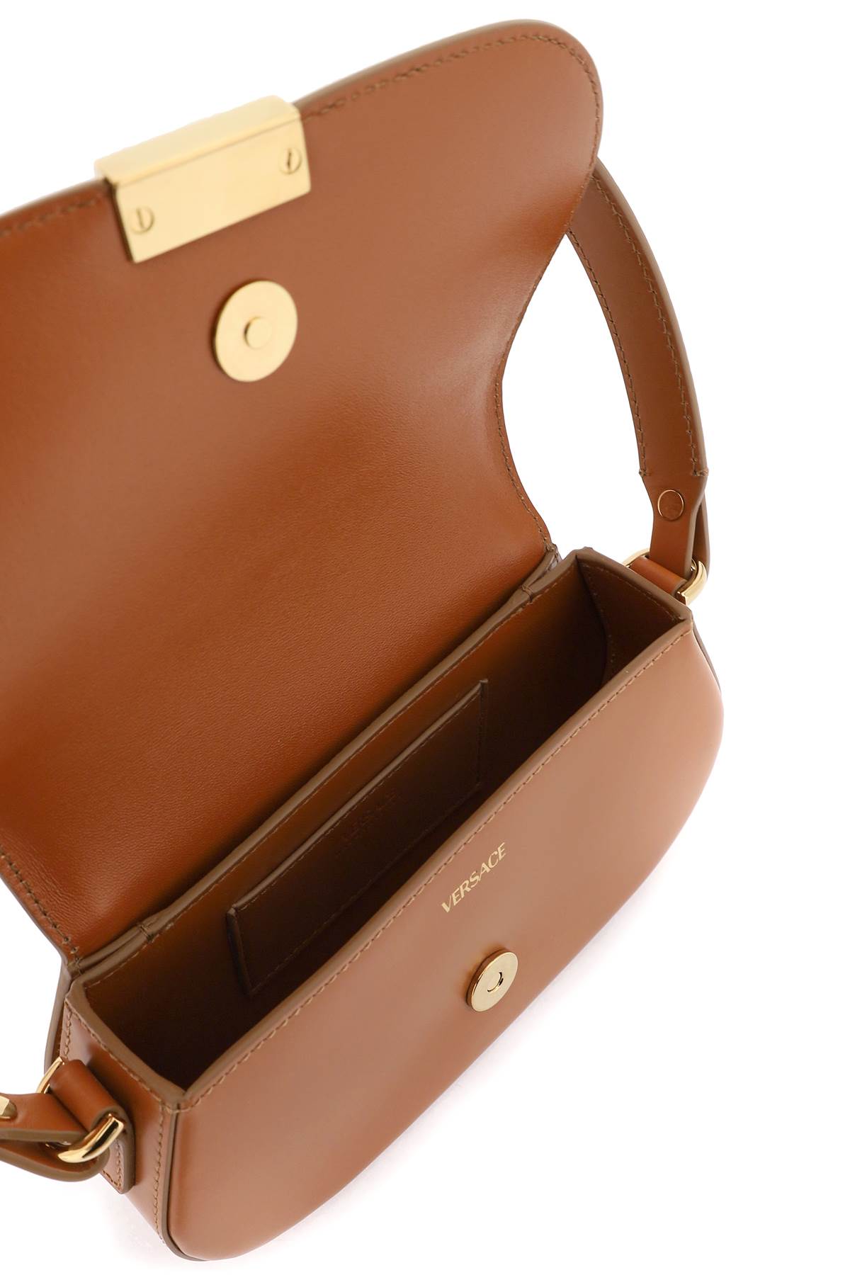 Shop Versace Greca Goddess Mini Shoulder Bag In Caramel  Gold (brown)