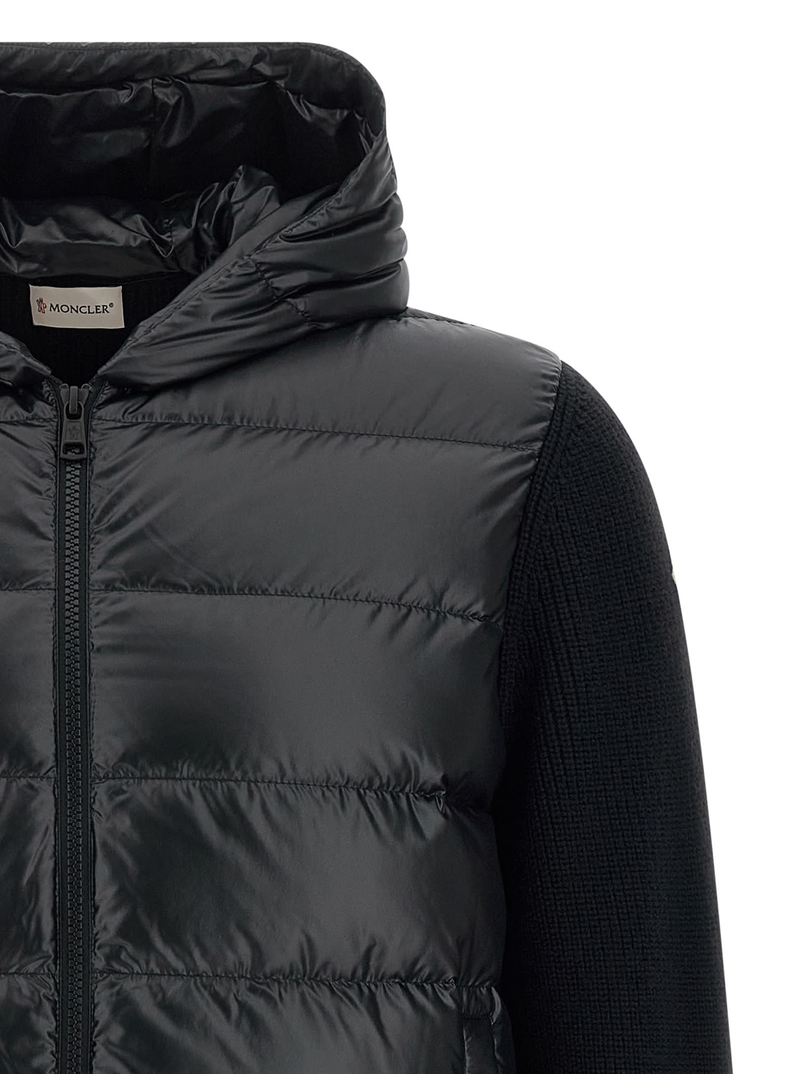 Moncler Hooded Quilted Sweater Ribbed Sleeves In Black
