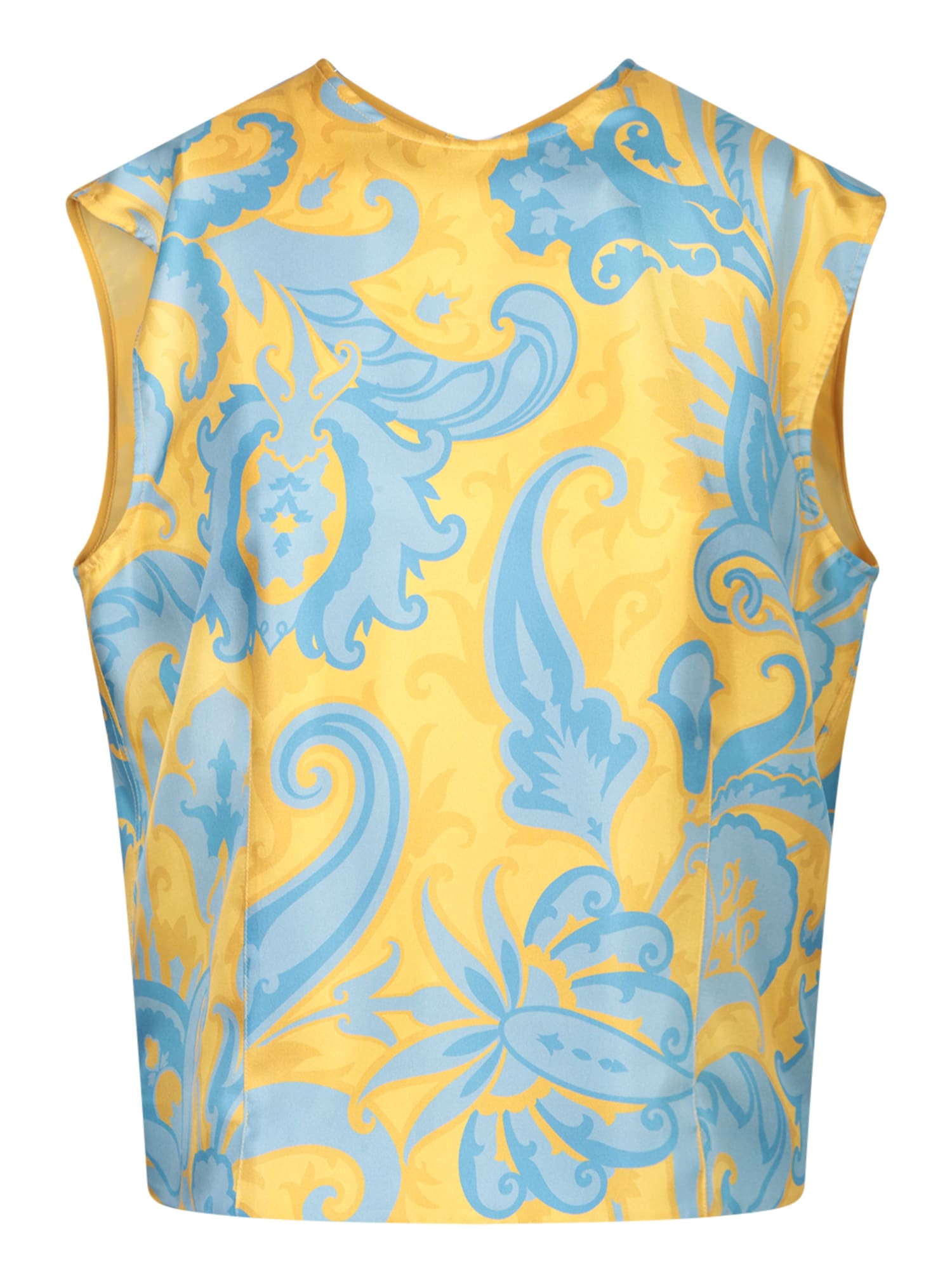 Yellow And Light Blue Paisley Print Top