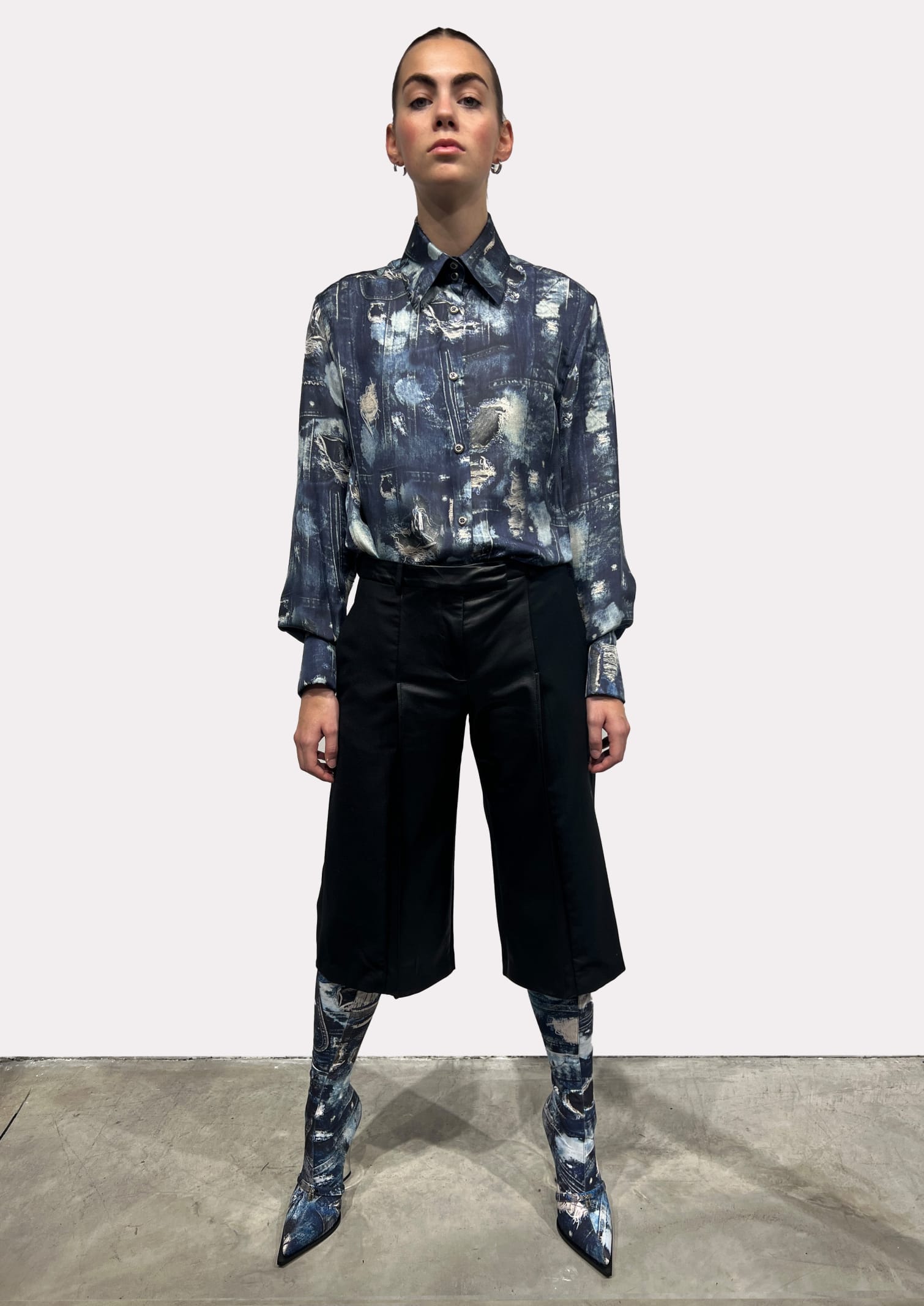 John Richmond Shirt With Iconic Runway Denim-effect Pattern And Long Puff Sleeves. In Fantasia
