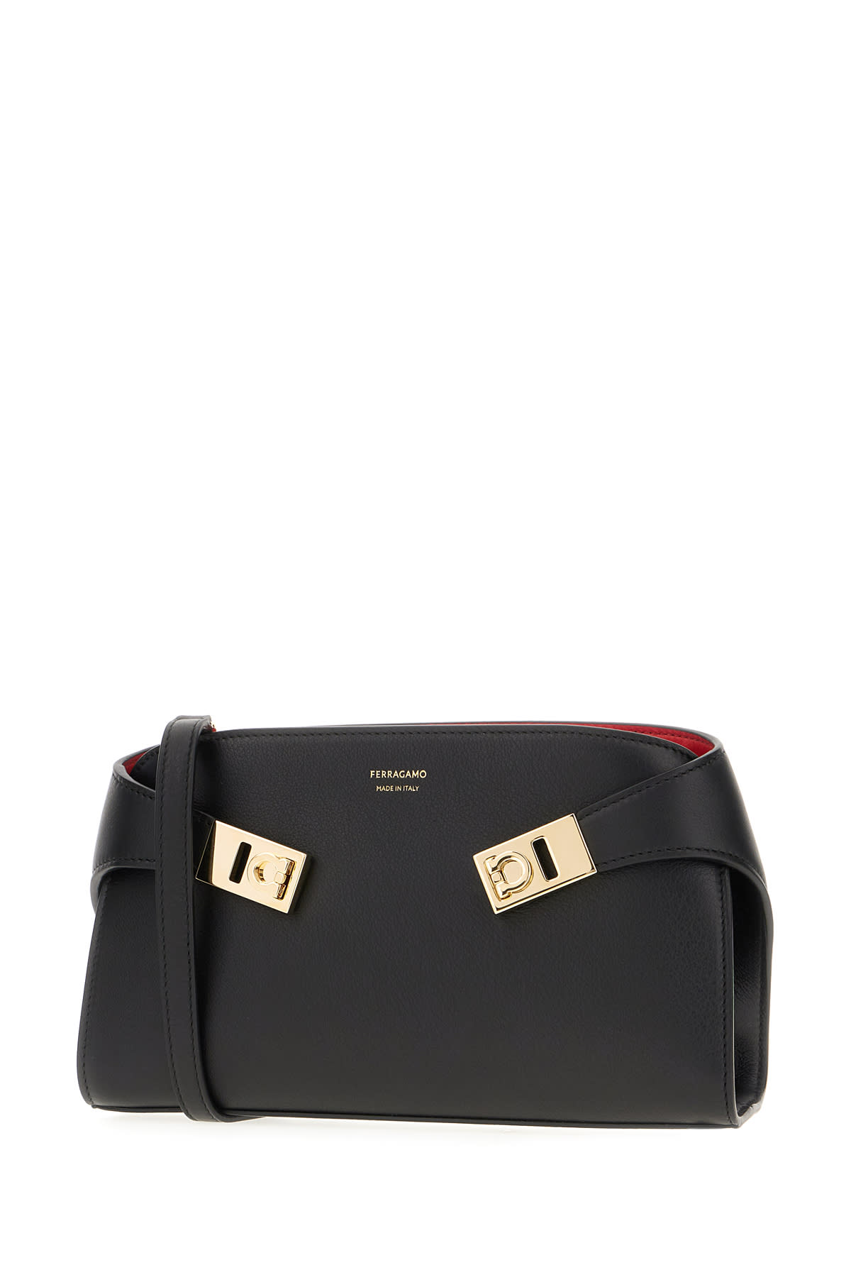 Shop Ferragamo Black Leather Small Hug Shoulder Bag In Nero Flame Red