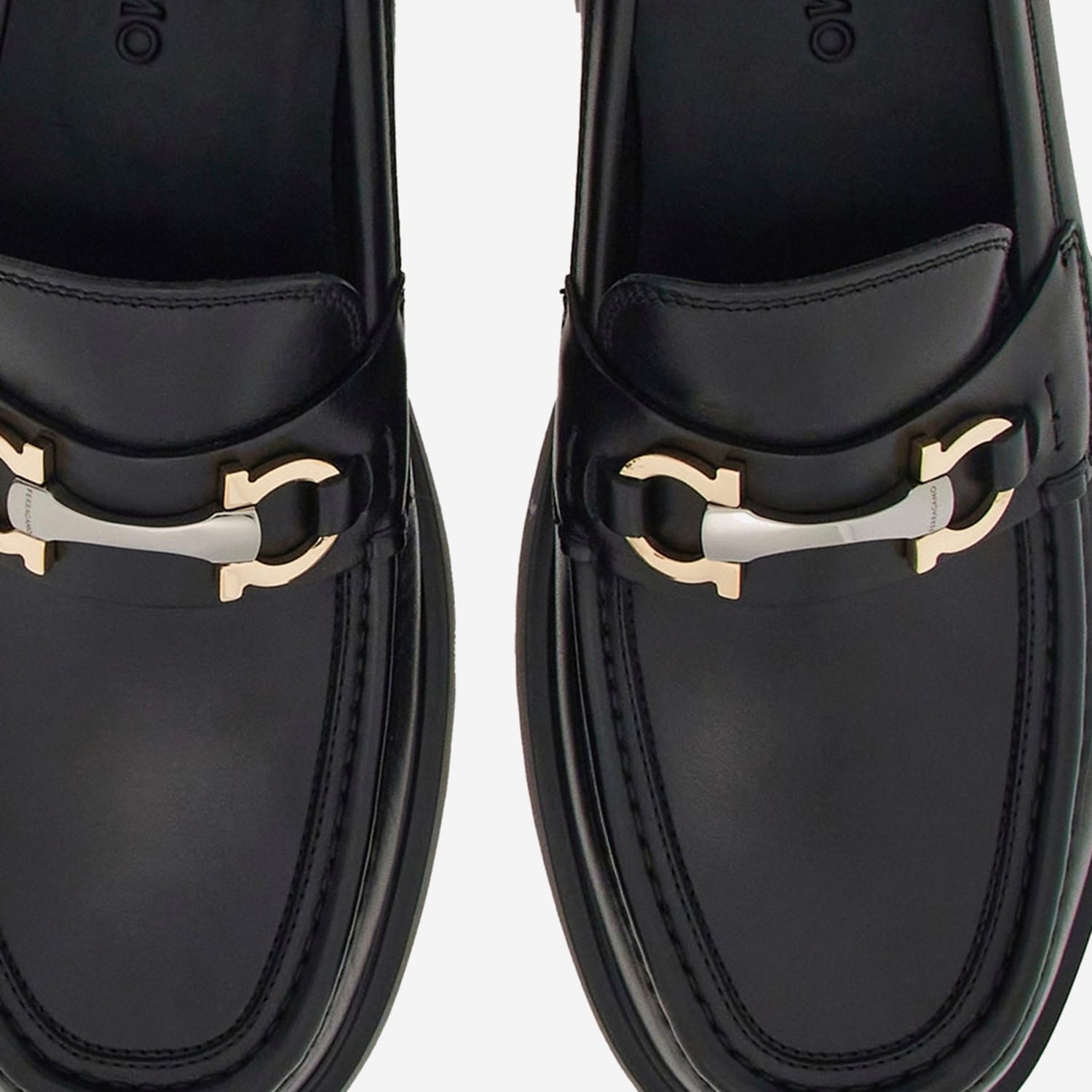 Ferragamo Black Leather Loafers With Gancini Ornament In Black
