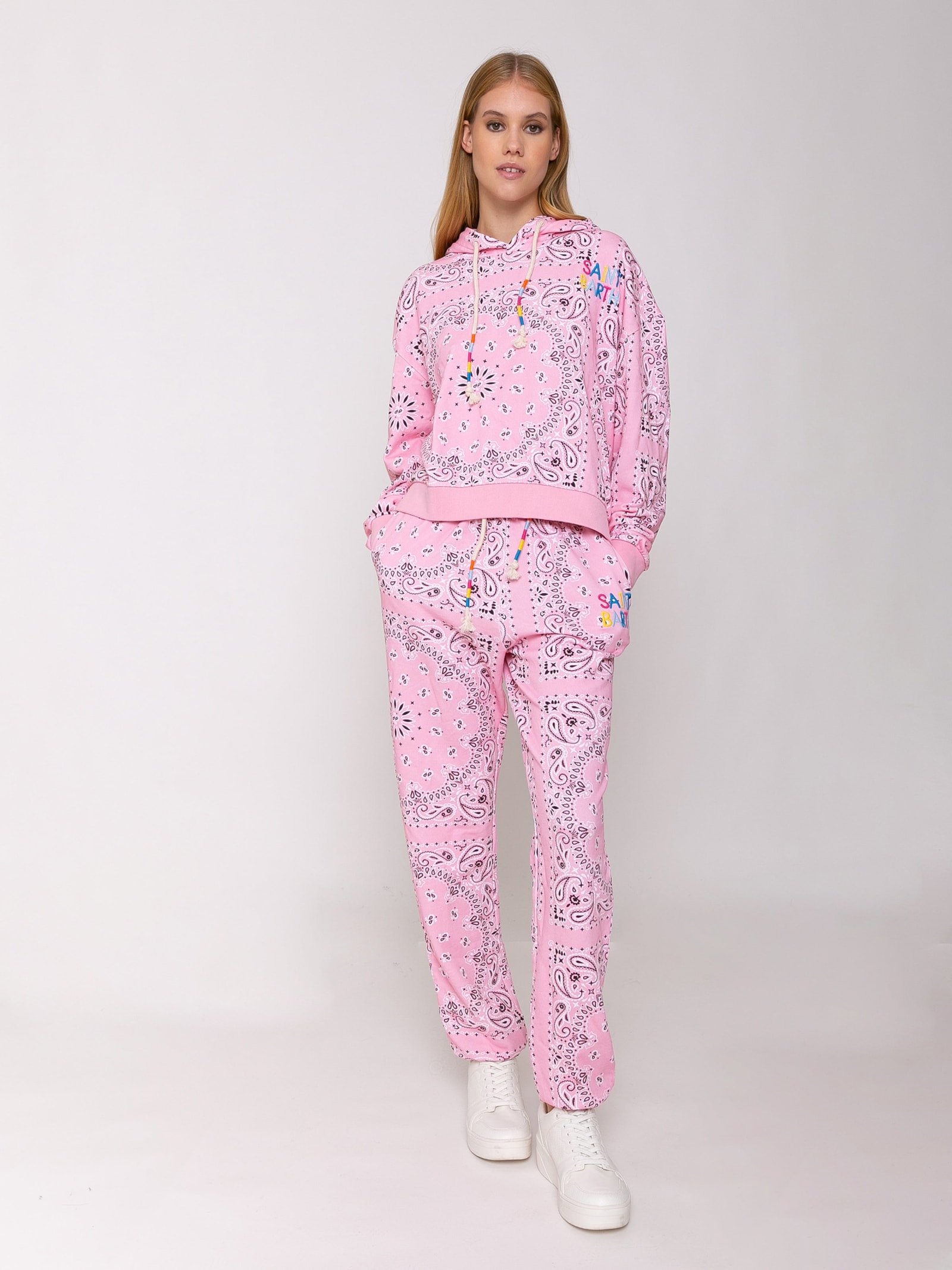 Mc2 Saint Barth Cotton Bandanna Hoodie With Saint Barth Embroidery In Pink