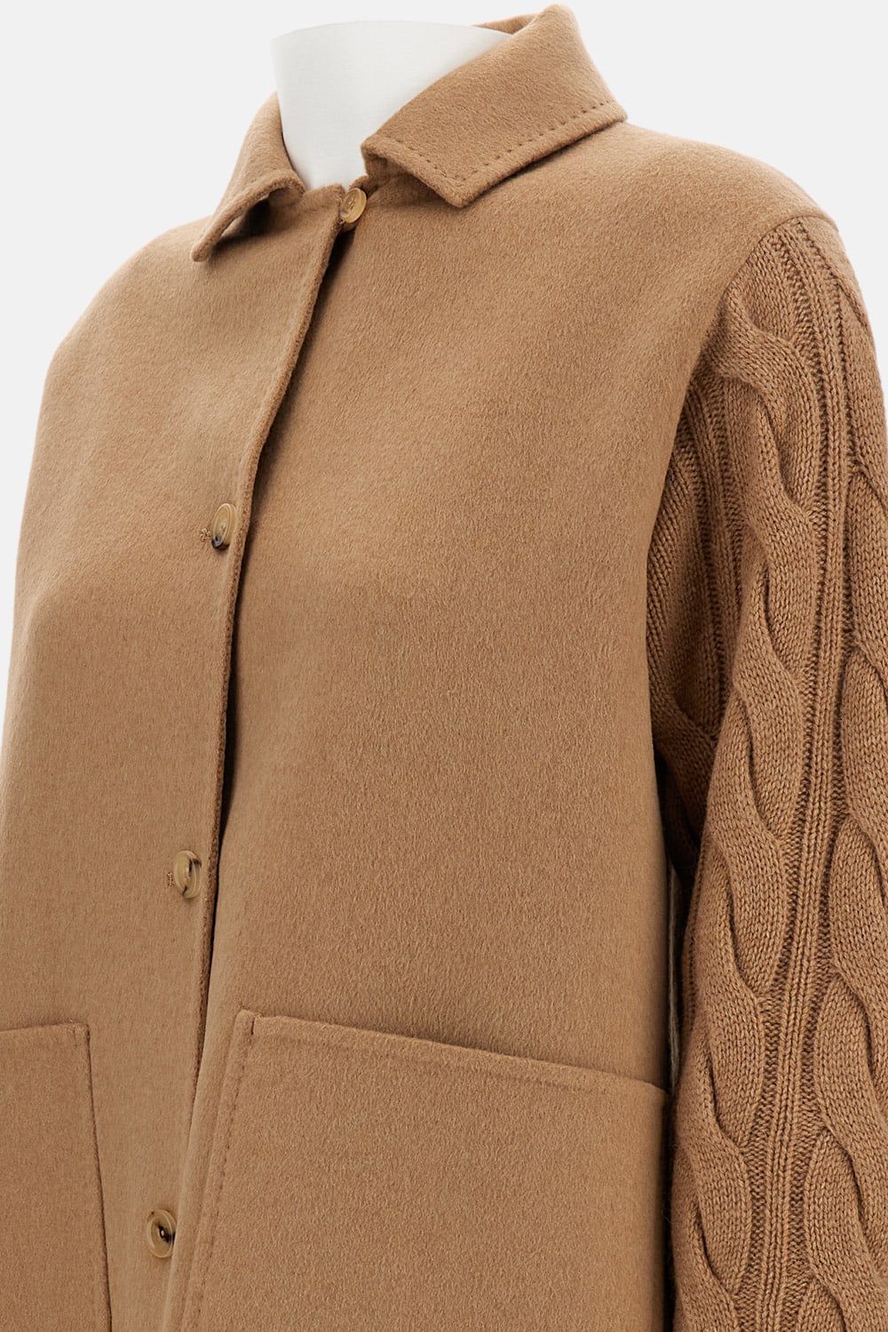 Max Mara Tacco Camel Hair Braided Coat With Knitted Sleeves In Brown