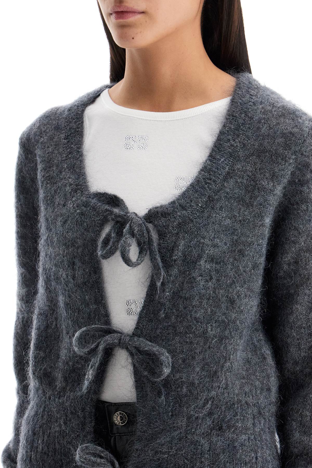 Shop Ganni Mohair Cardigan With Bow Accents In Paloma Melange (grey)