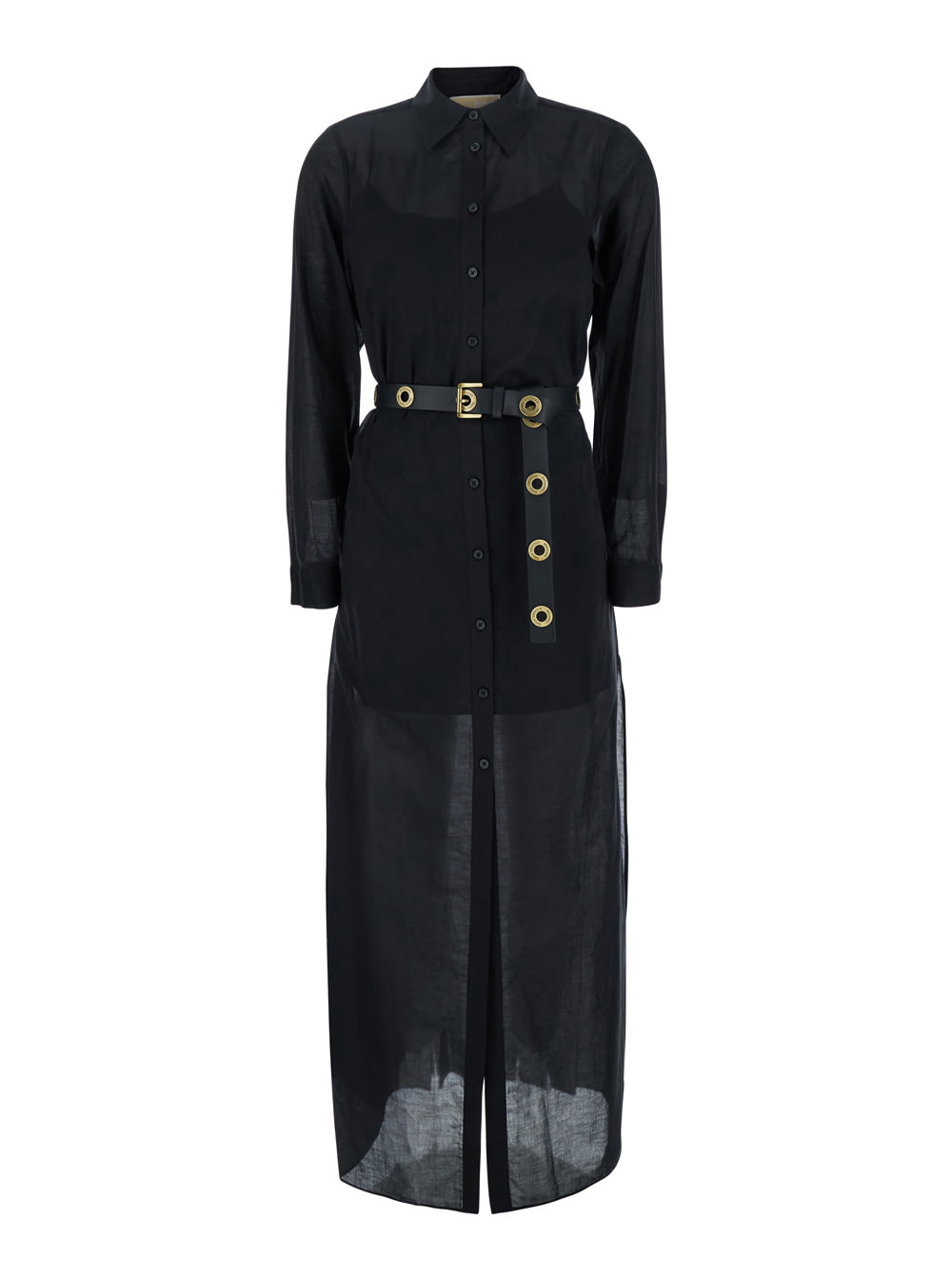 Black Long Dress With Classic Collar And Waist Belt In Cotton Woman