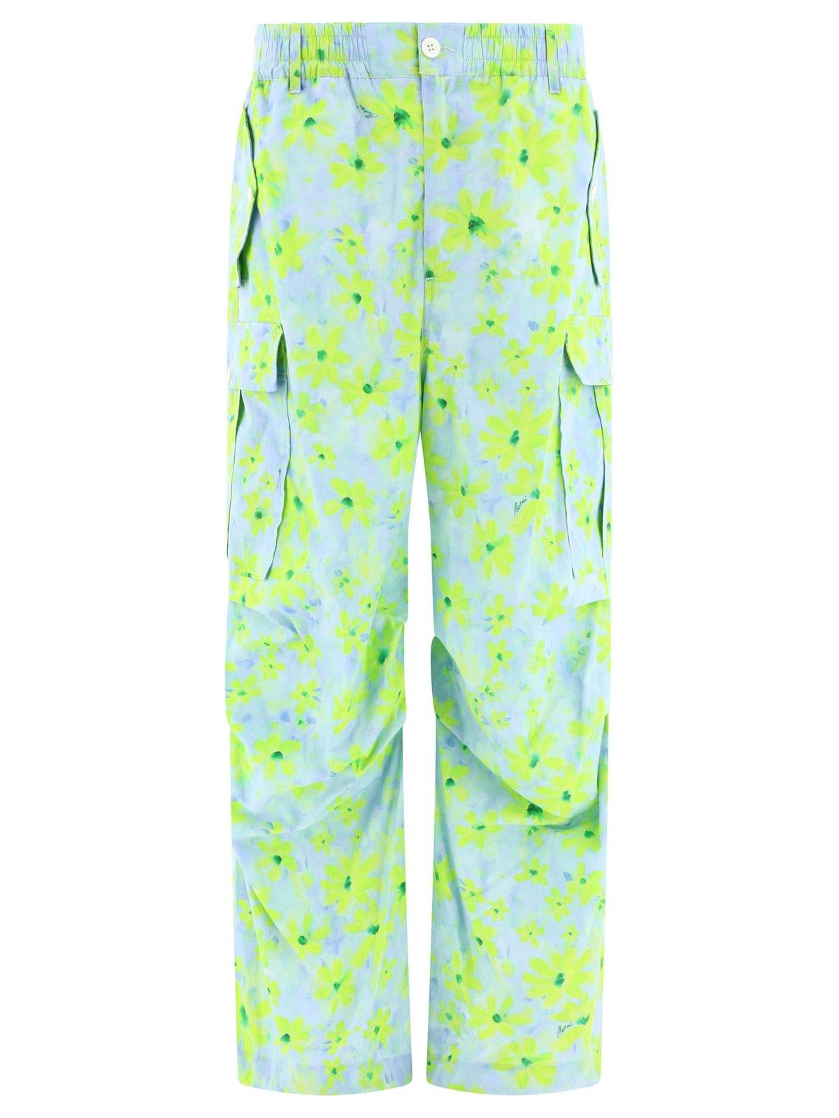 Marni Floral Printed Relaxed Fit Cargo Trousers In Water