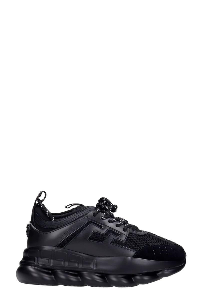 Buy Versace Chain React Sneakers In Black Leather online, shop Versace shoes with free shipping