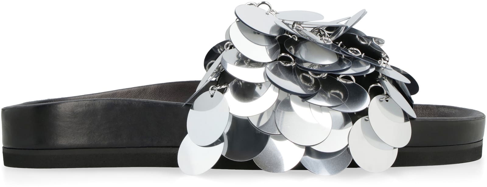 Shop Rabanne Sparkle Leather Slides With Decorative Applique In Silver