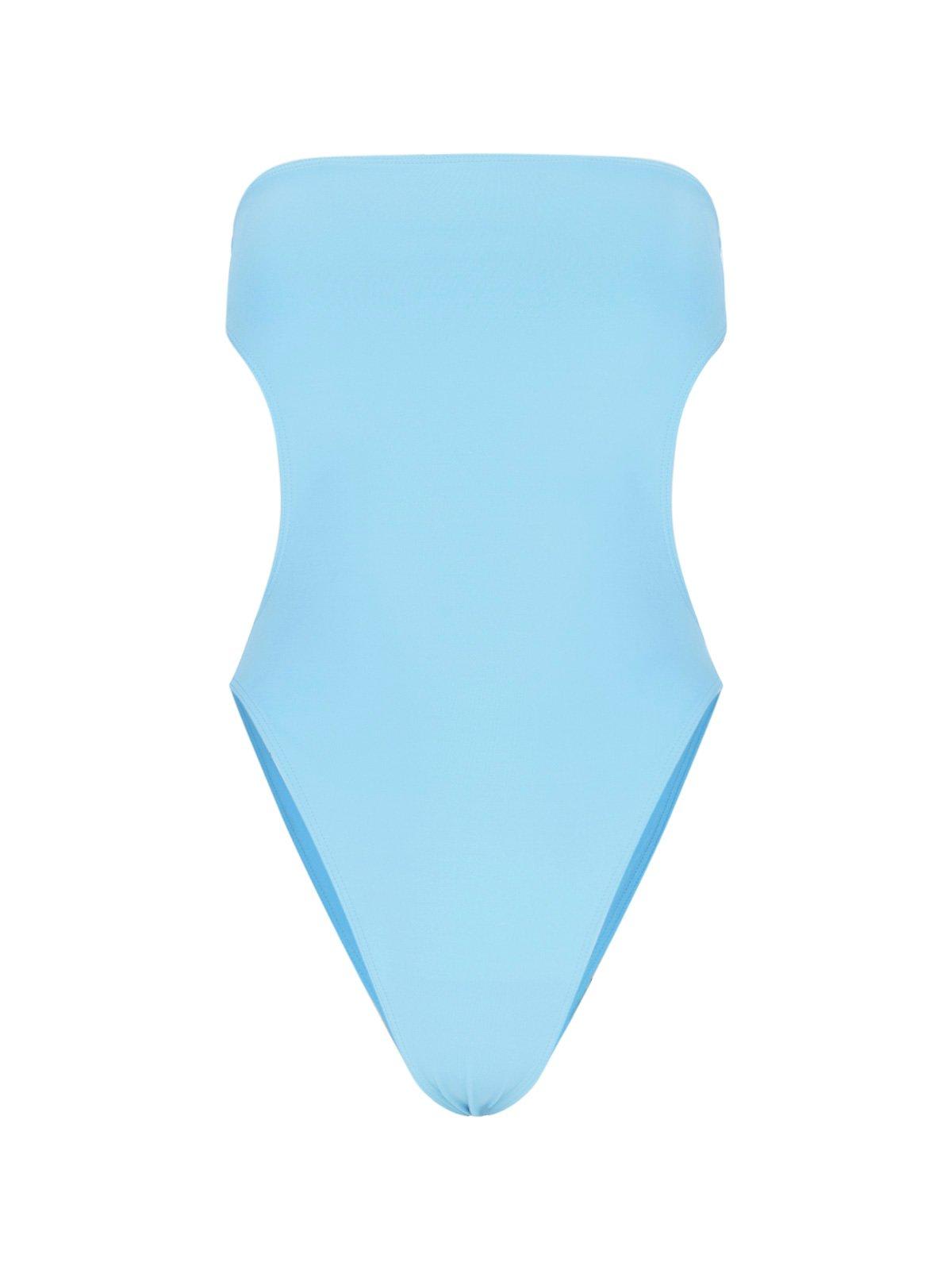 Shop Saint Laurent Shiny Strapless Cut-out Swimsuit In Azzurro