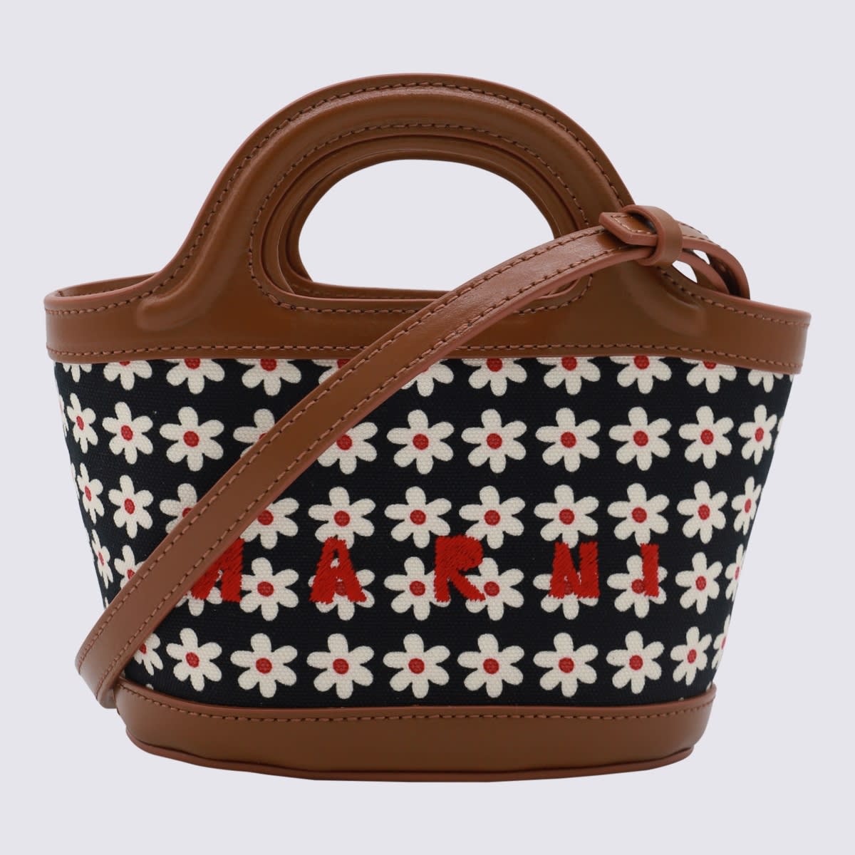 Shop Marni Brown Leather And Cotton Tote Bag In Red/white/black