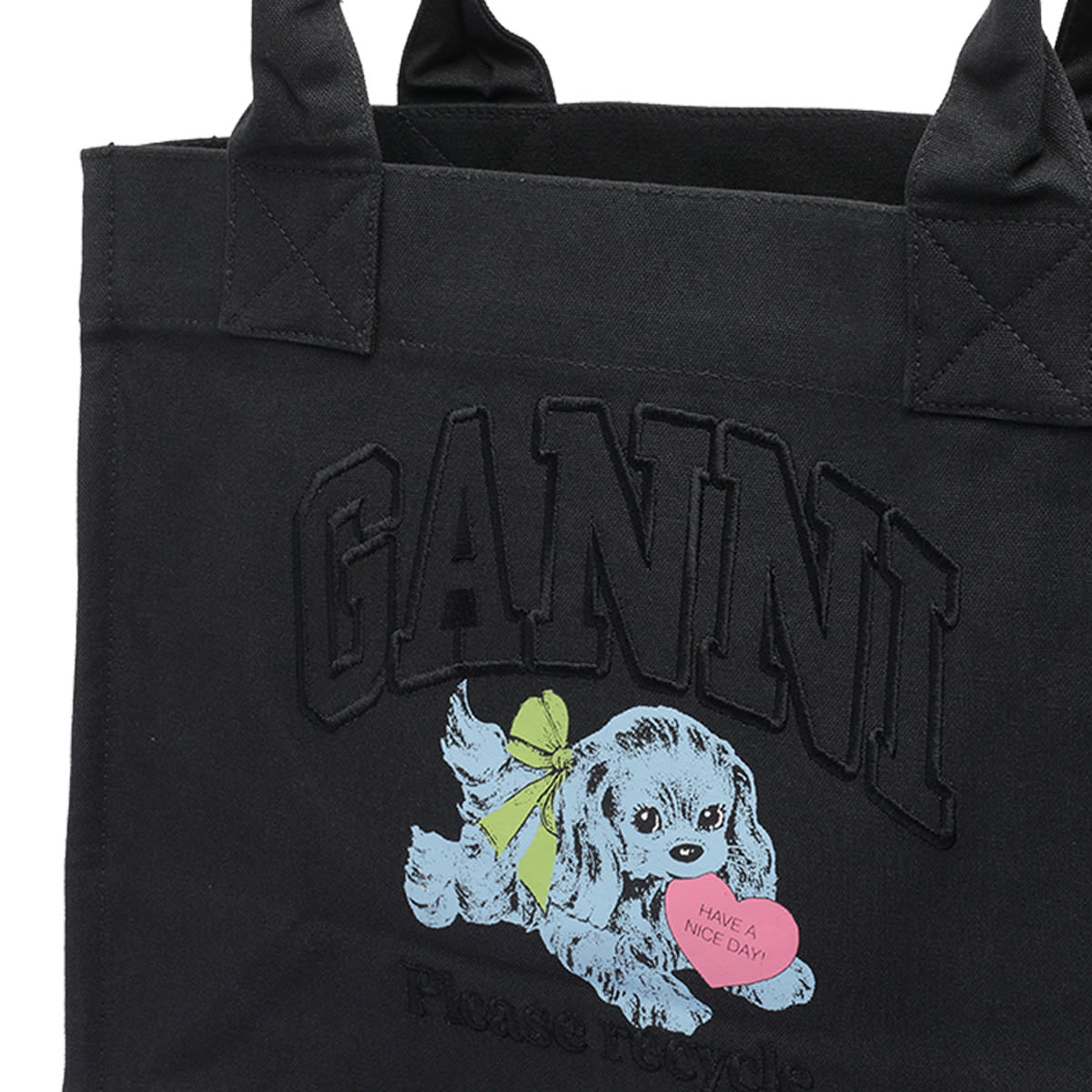 Ganni Black Large Black Shopper With Double Handles And Front Decoration In Cotton Woman In Gray