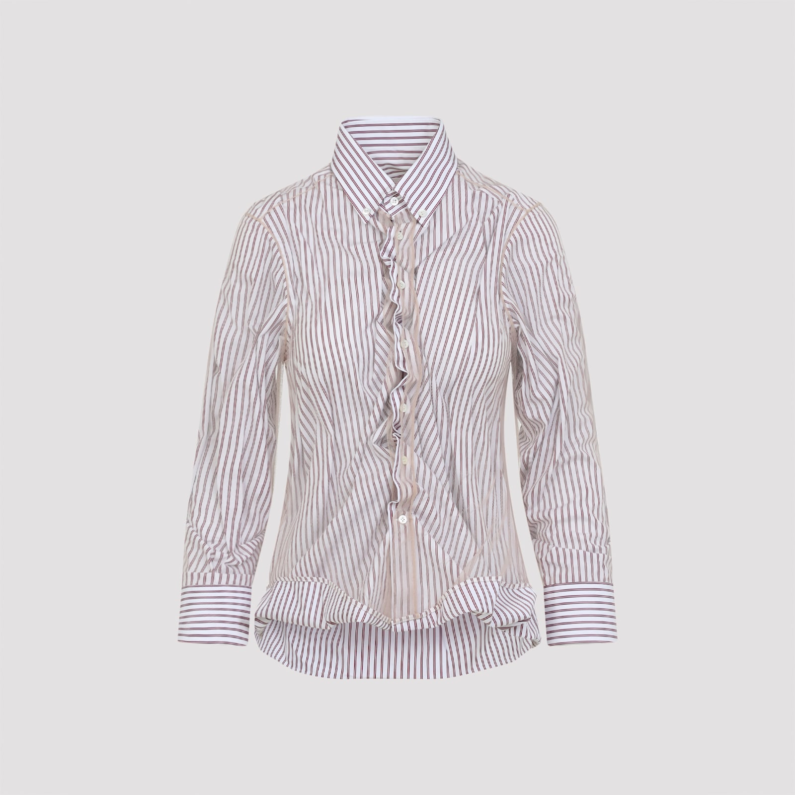 Maison Margiela Vertical Stripe Fitted Shirt With Ruffled Detail In Red