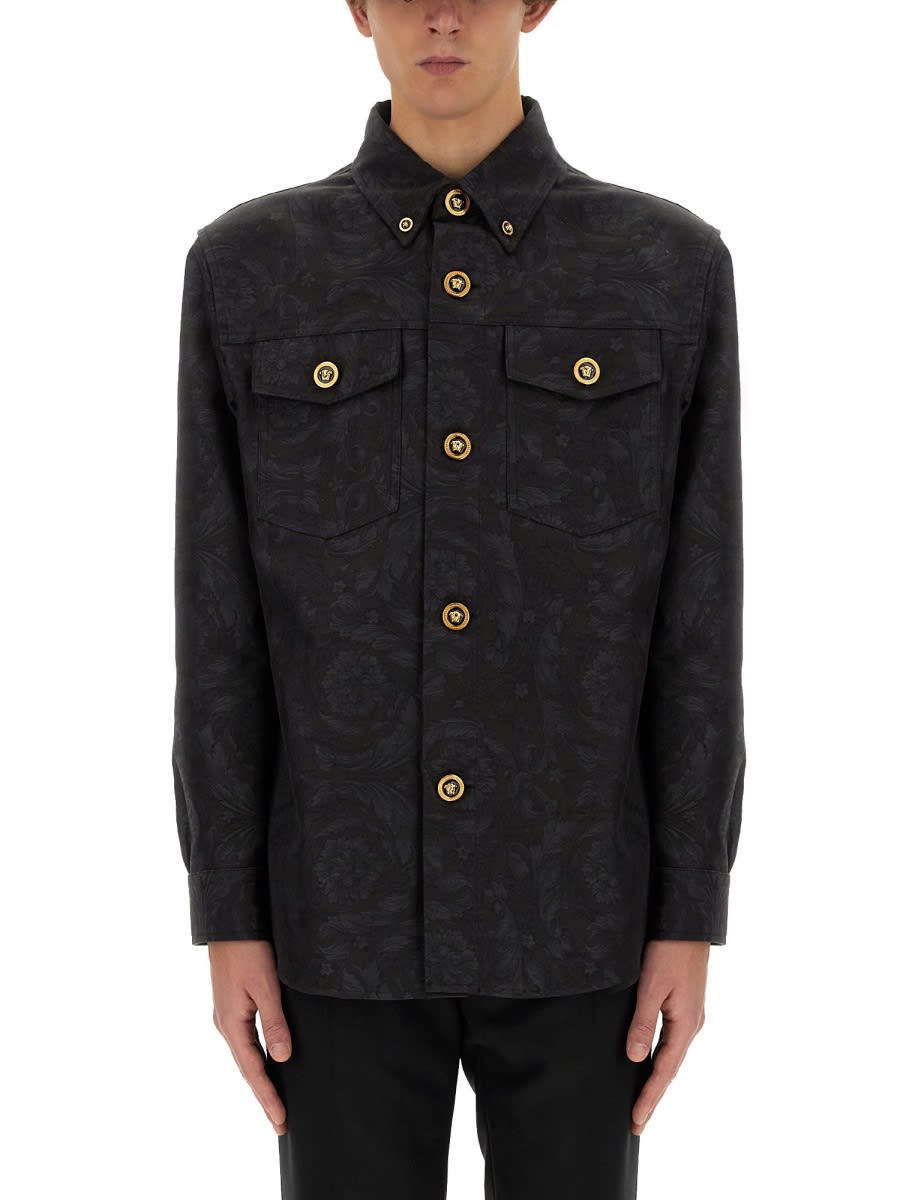 Versace Men's Tonal Barocco Jacquard Overshirt In Black