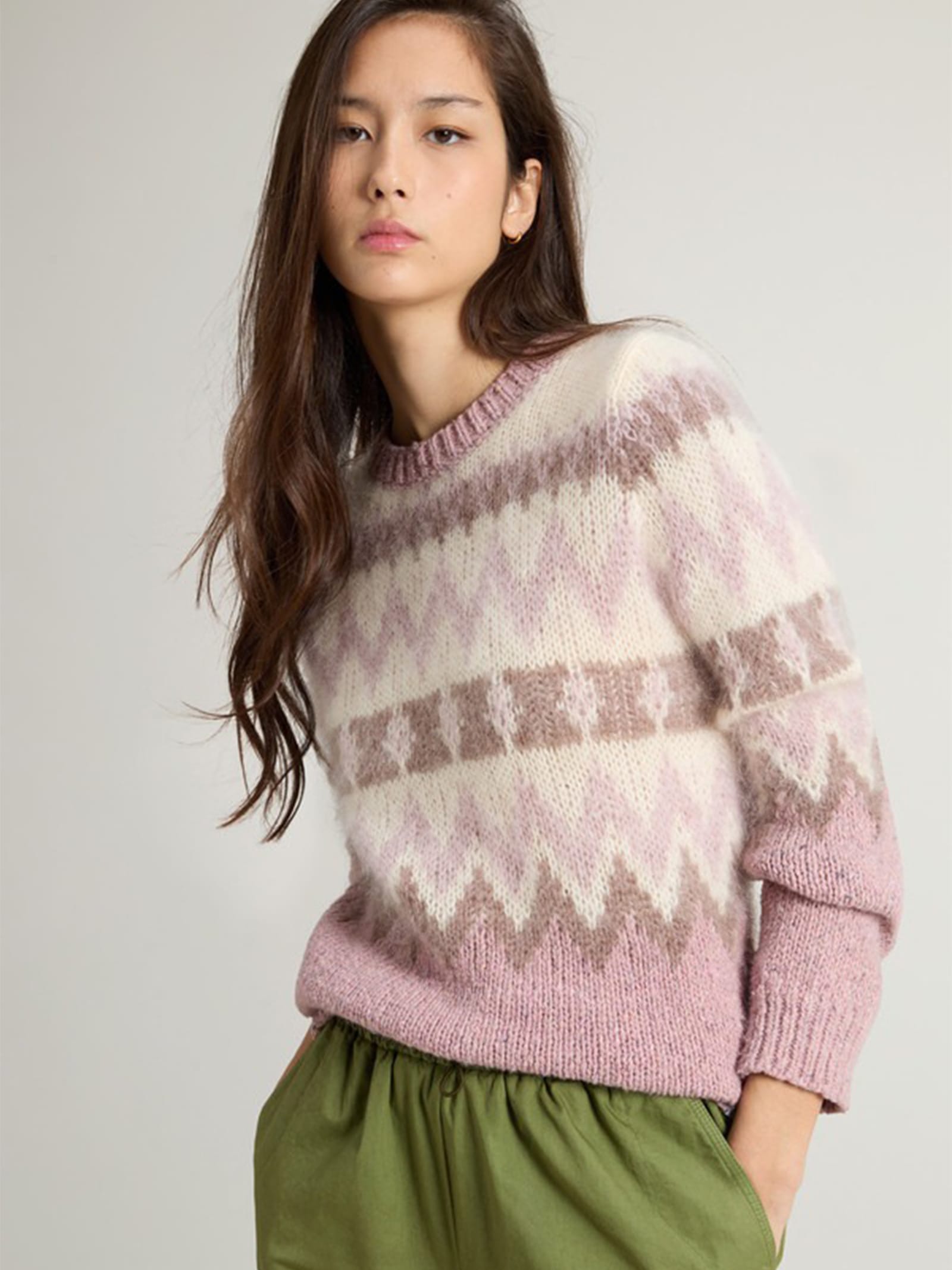 Shop Woolrich Pink Crewneck Sweater With Pattern In Cognac