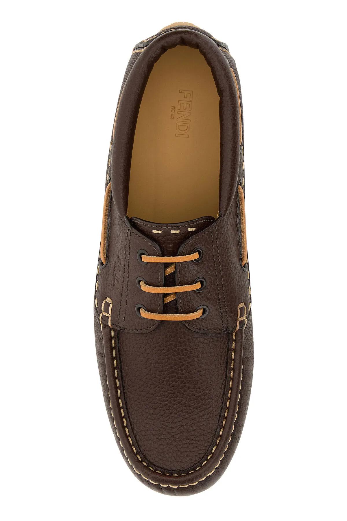 Fendi Chocolate Leather Deck Loafers In Morocuoio