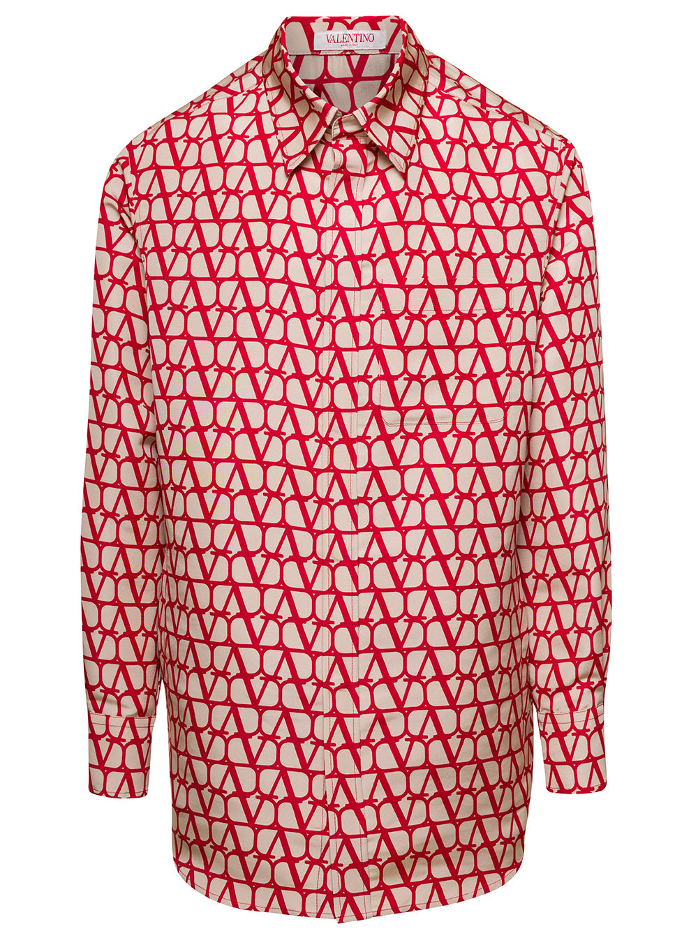 Shop Valentino Red Toile Iconographe Shirt With Logo Print All-over In Silk Man In Beige