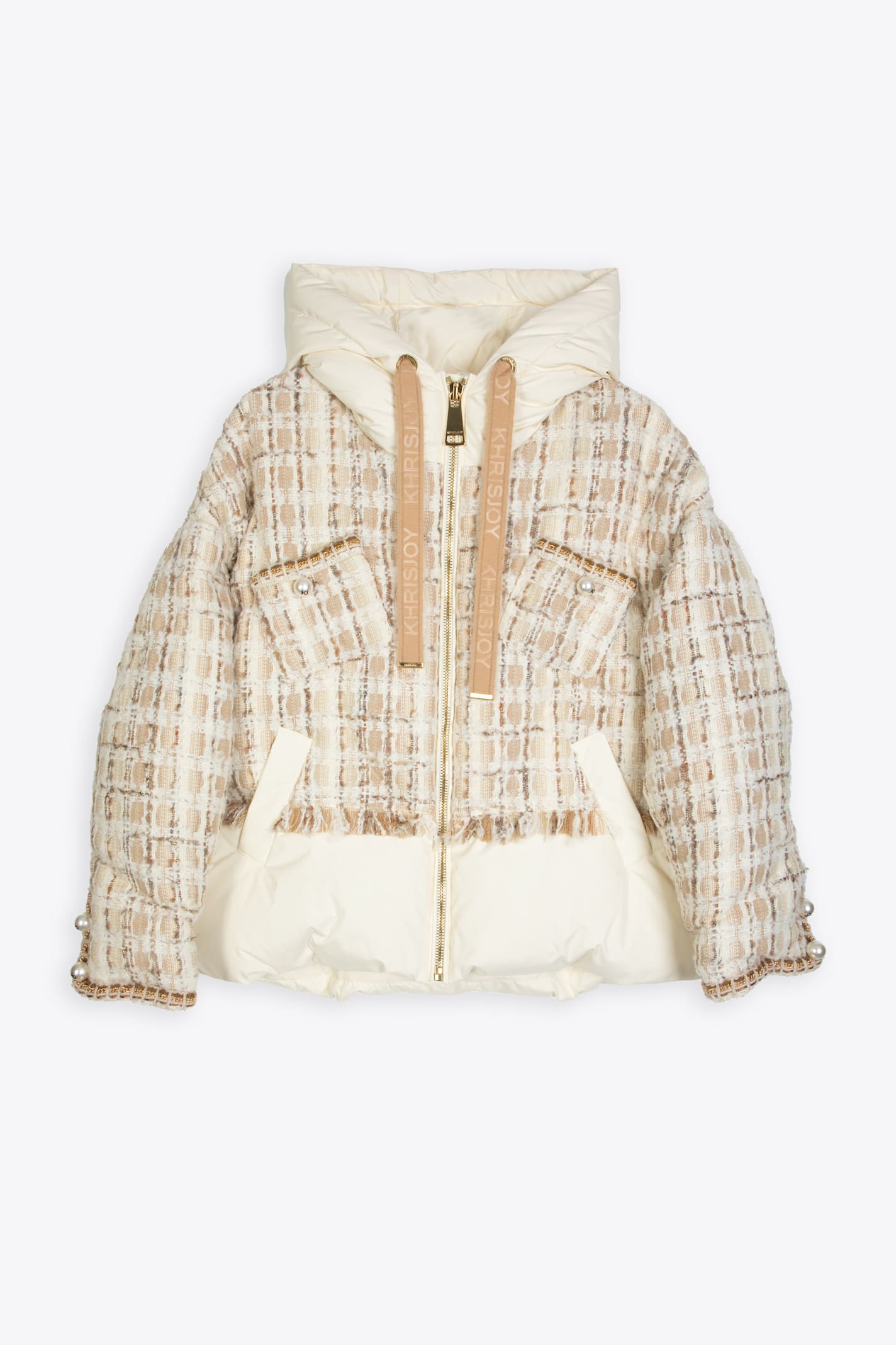 Khris Tweed Off white nylon and tweed hooded puffer jacket - Khris Tweed