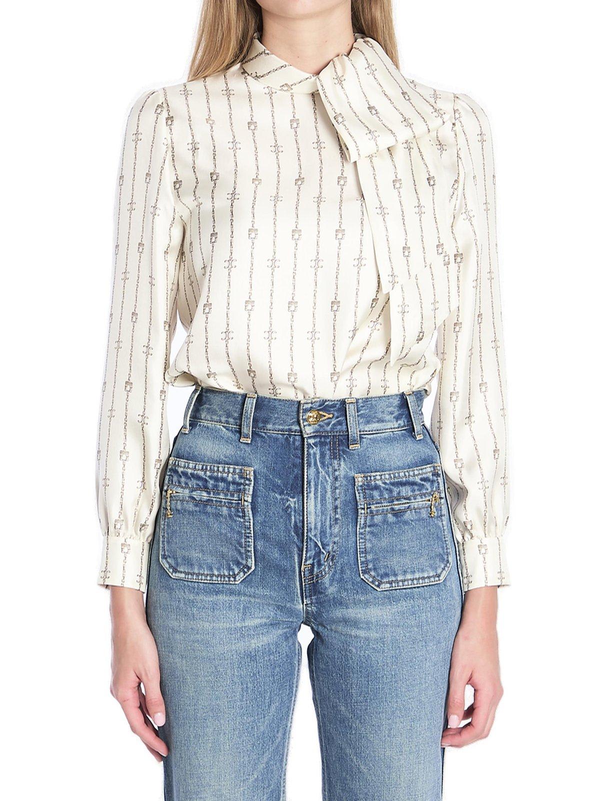 Shop Celine Lavalliere Bow Detailed Blouse In Creme/argent