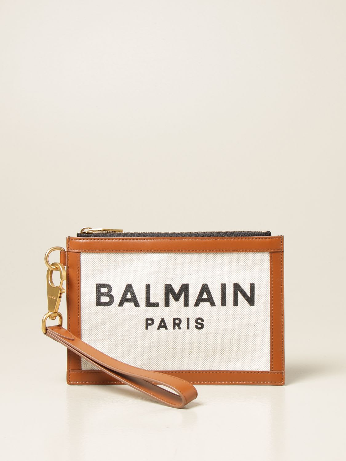 BALMAIN POUCH IN CANVAS AND LEATHER,VN0LA124TCFN GEM