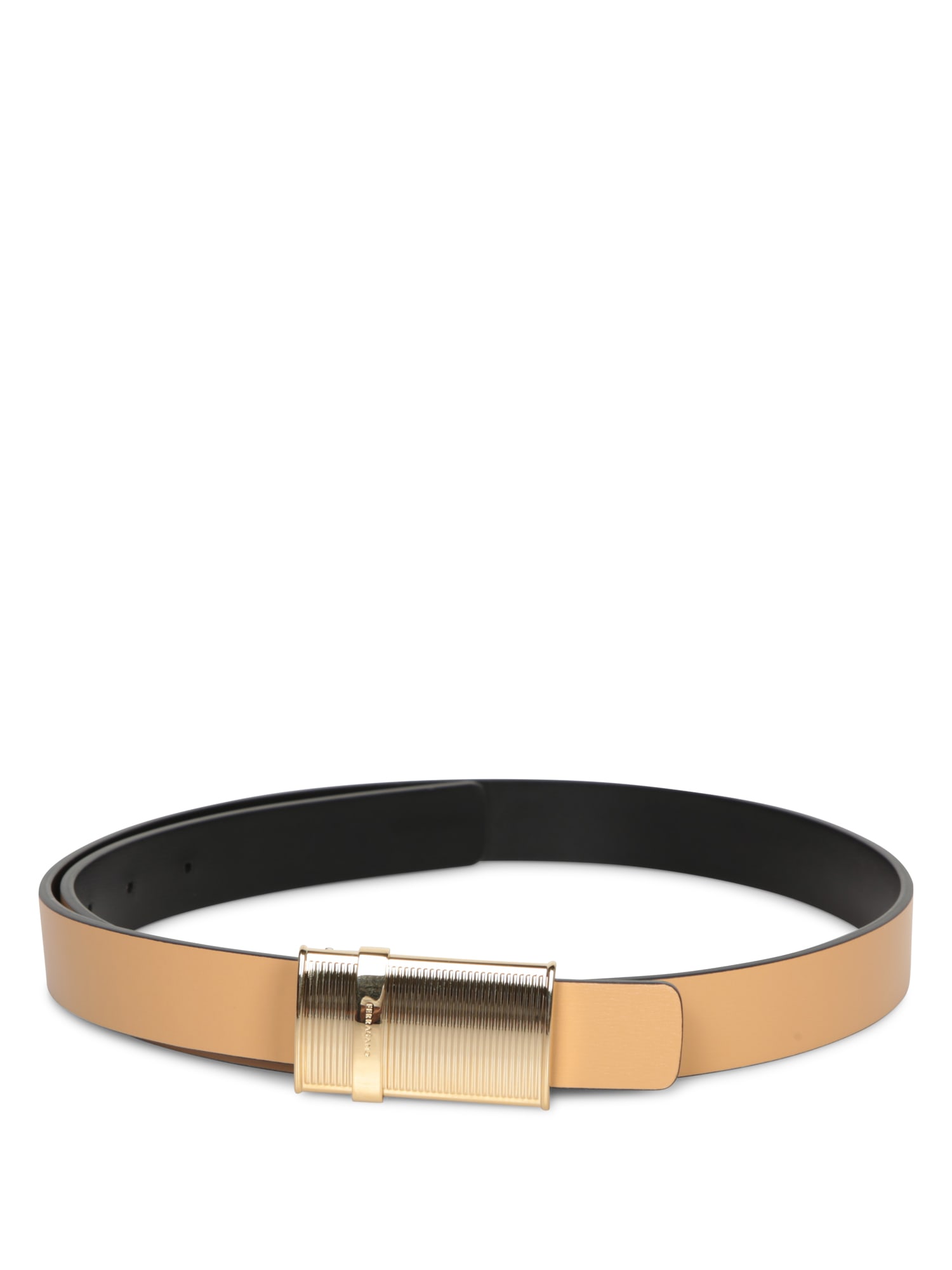 Shop Ferragamo Fiamma Leather Gold Belt In Beige